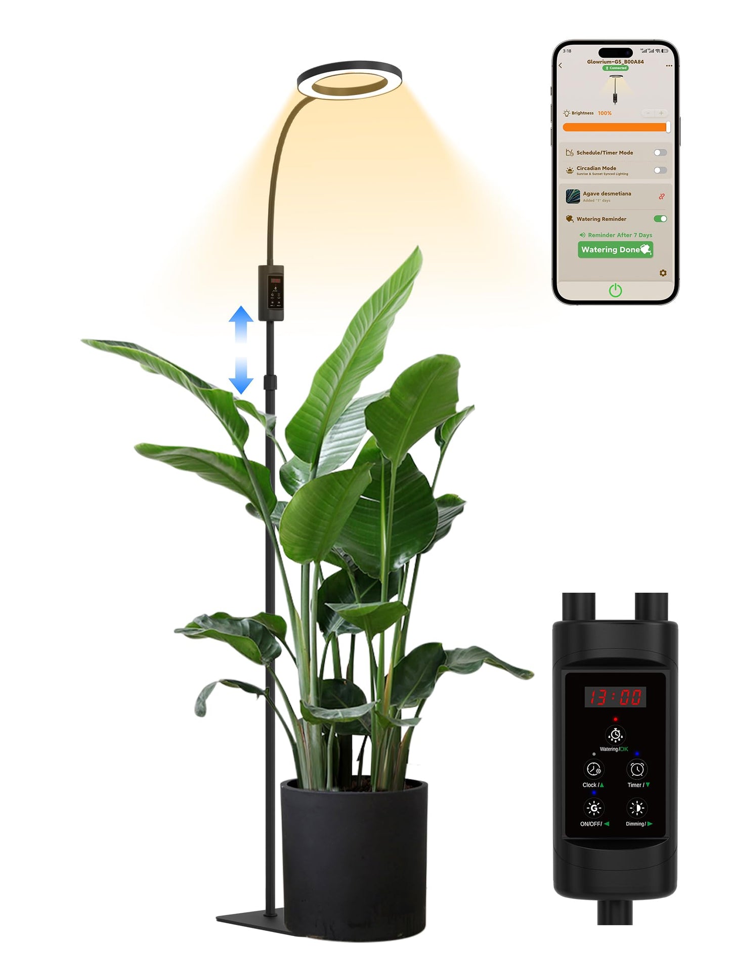 GLOWRIUM Smart Grow Lights for Indoor Plants, 24W Full Spectrum Plant Lights with Bluetooth App, Adjustable Height 47-70.9", Auto Timer, Indoor Plant Lamp for Large Tall Plants（Black 24W）