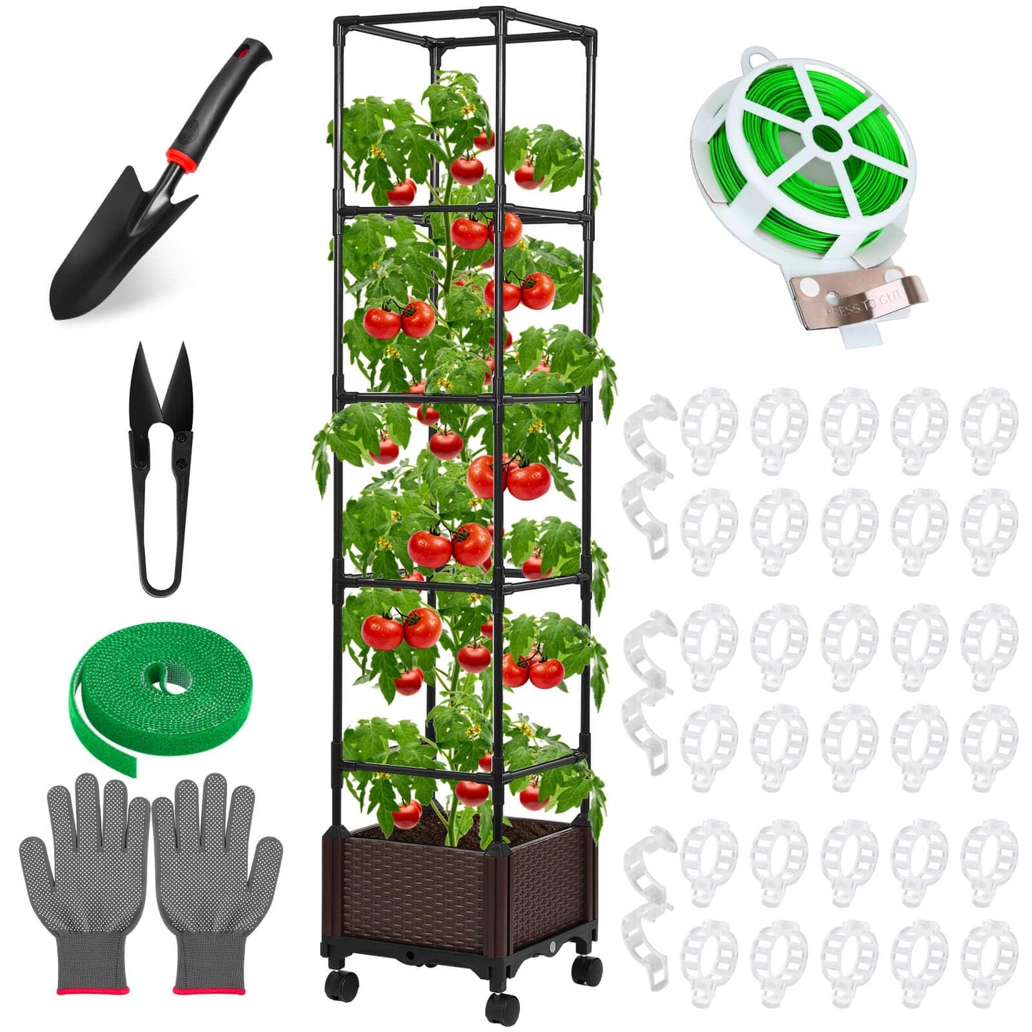 Lezmarket Self Watering Tomato Planter with Trellis for Patio, 55.9" Raised Garden Bed Planter Pot with Trellis, Plant Supports and Garden Shovel for Tomatoes, Climbing Plants