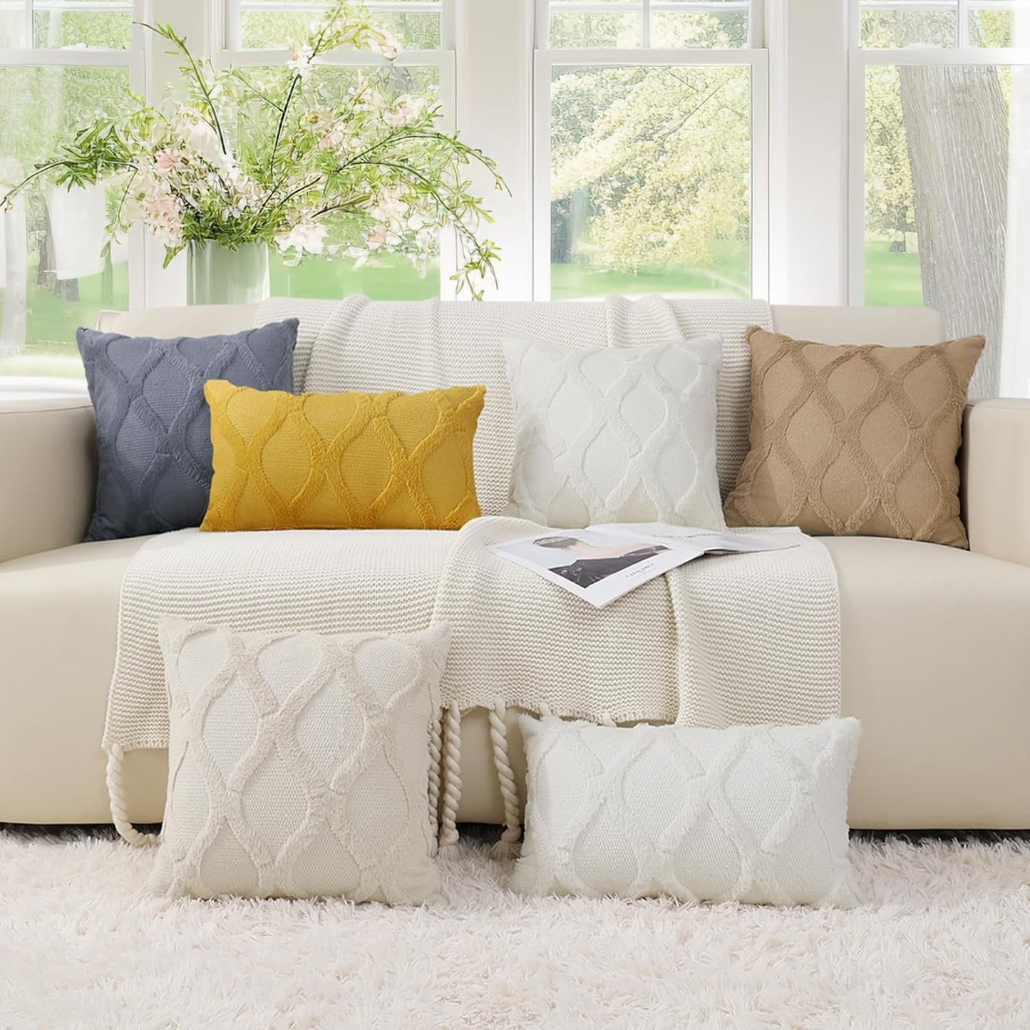 decorUhome Summer Throw Pillow Covers 18x18 Inch Set of 2, Soft Plush Faux Fur Wool Cream White Accent Couch Pillow Covers for Modern Farmhouse Bed Sofa Living Room