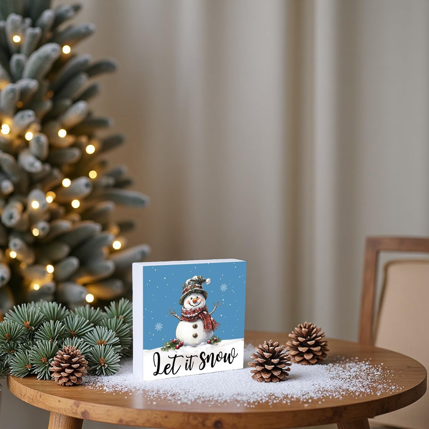 Winter Decorations Indoor Winter Decor Home Room Let It Snow Snowman Office Bathroom Table Wood Box Sign Rustic Wooden Shelf Desk Decor Season Sign House Warming Gifts 5.9 x 5.9 Inch