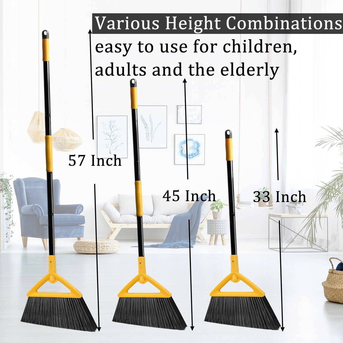 SZJYHQY Heavy Duty Angle Broom 3 Pack - Yellow Broom for Outdoor & Indoor, Garage, Driveway, Sidewalk, Kitchen & More, Long Handle