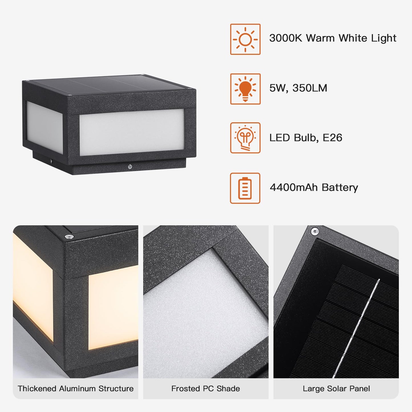 PAKEDANDUN Solar Pillar Lights Outdoor, 9.84" Modern Post Light Dusk to Dawn, Solar Column Lamp IP54 Waterproof with E26 Bulb, 3000K LED Fence Deck Cap Lights Lantern for Patio Garden Decoration(Grey)