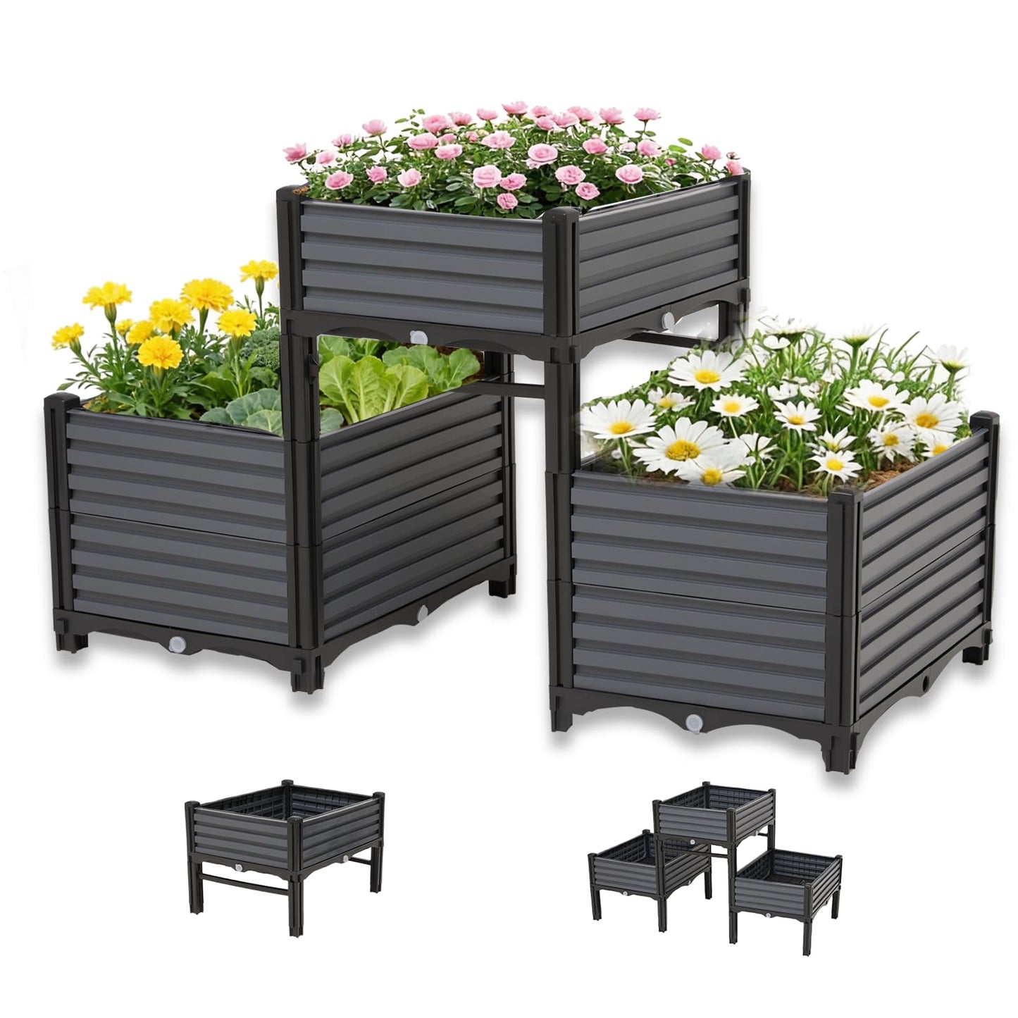 3PCS Raised Garden Beds Outdoor with Legs Planter Box, 47x16x21in Reinforced Support Rods, Drainage Grid, Multi-Combination Options for Vegetables, Flowers, Herbs, Ideal for Balcony, Patio Gardening