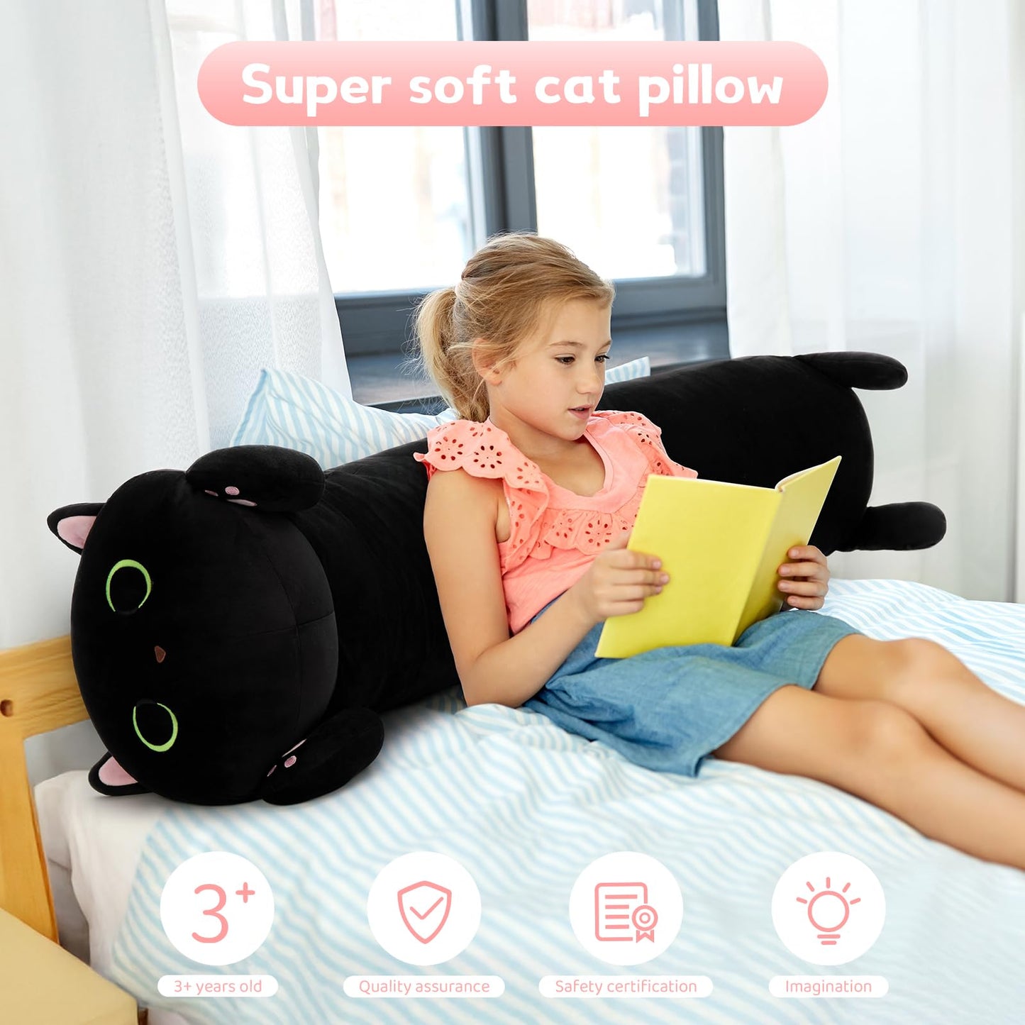 MaoGoLan Black Cat Plush Body Pillow, 44'' Giant Glow in The Dark Cat Stuffed Animal Toy for Girl Boy Kid, Big Cute Kitten Plush Throw Pillow for Birthday Gift, Baby Shower Party Favor Decor