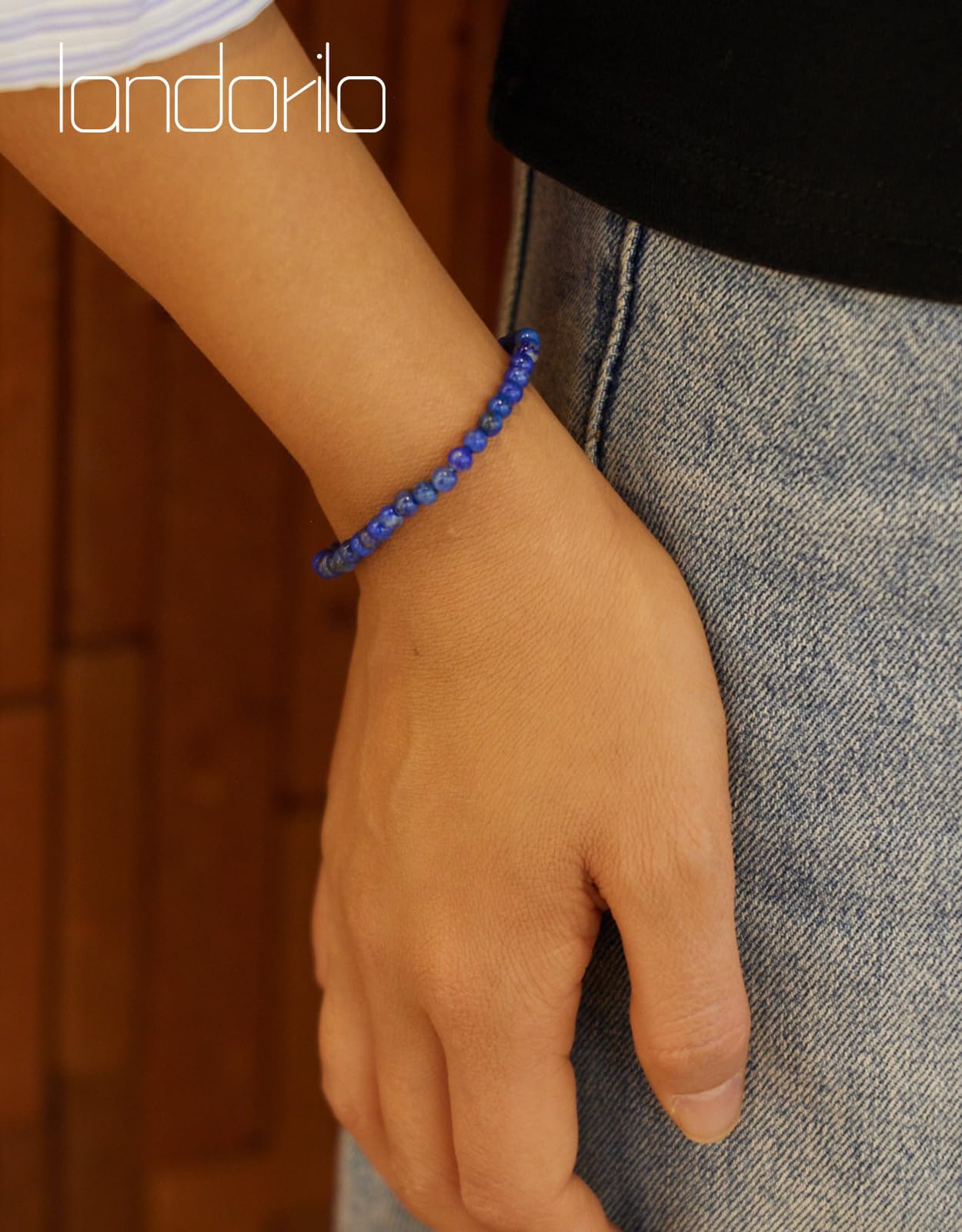Landorilo Beaded Bracelet for Men Women, 4mm Natural Stone Lapis Lazuli Healing Crystal Stretch Bracelets, Ideal Christmas Birthday Jewelry Gifts with Energy Card，Replacement Beads Included