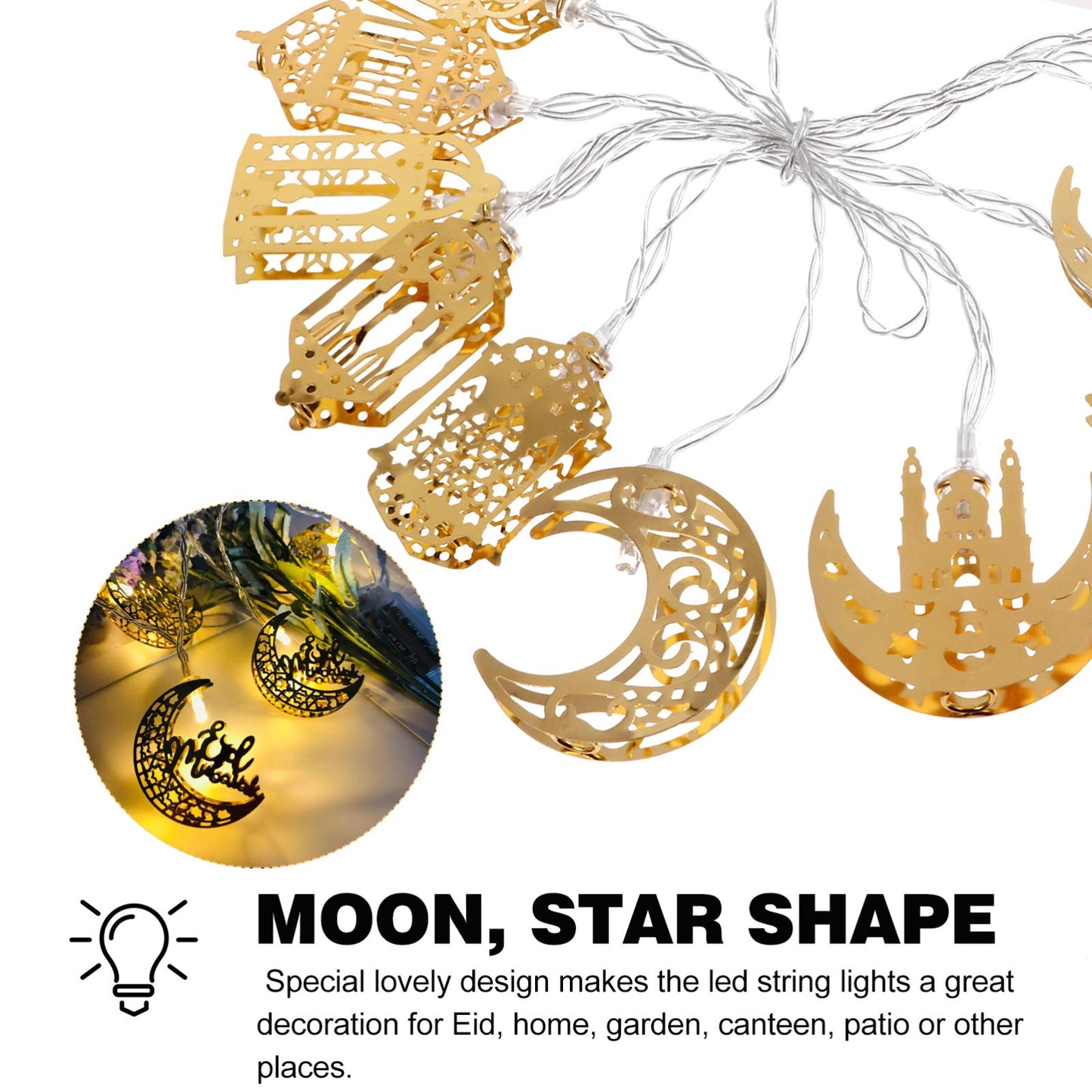 Uonlytech 1 Set Muslim Ramadan String Lights Muslim Eid Party Light Decors Eid Mubarak Decoration Fairy String Lights Battery Operated LED Ramadan Lamp for Festival Golden
