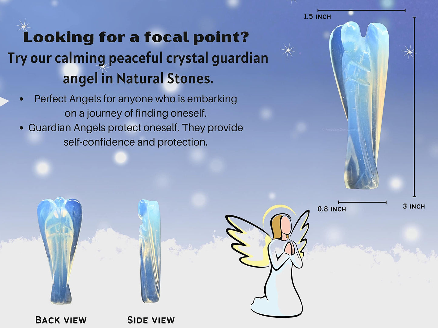 Amazing Gemstone Opalite Crystal Guardian Angel Figurines Ornament for Healing Birthstone, Decoration Statue (Hand Carved Pocket Gemstone Angel) (3 inch)