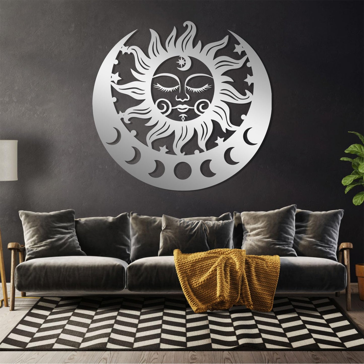 Sun and Moon Metal Wall Decor, Moon Phase Metal Wall Decor, Boho Celestial Wall Art, Celestial Sun Moon Wall Art, Large Sun Face Wall Hanging for Living Room, Outdoor (Black, 38"x35"/96x90cm)