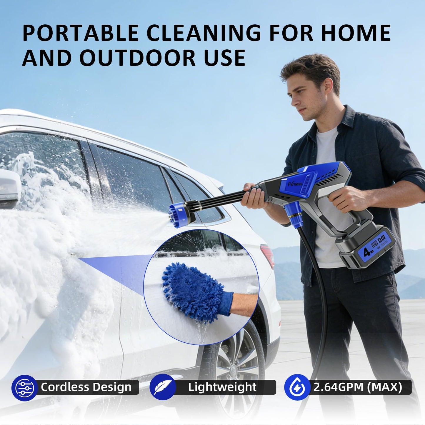 Fvrnoss Portable Handheld Cleaning Tool, Lightweight Compact Spray Tool with 6-in-1 Nozzle for Car Patio Window Garden Outdoor Use and Daily Home Maintenance, Black