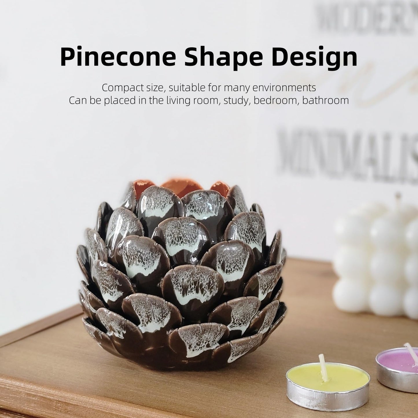 GANBEITEE Ceramic Candle Holder, Tealight Candle Stand, Handmade Pinecone Tea Light Holder for Home Decor Wedding Party (Coffee Colour