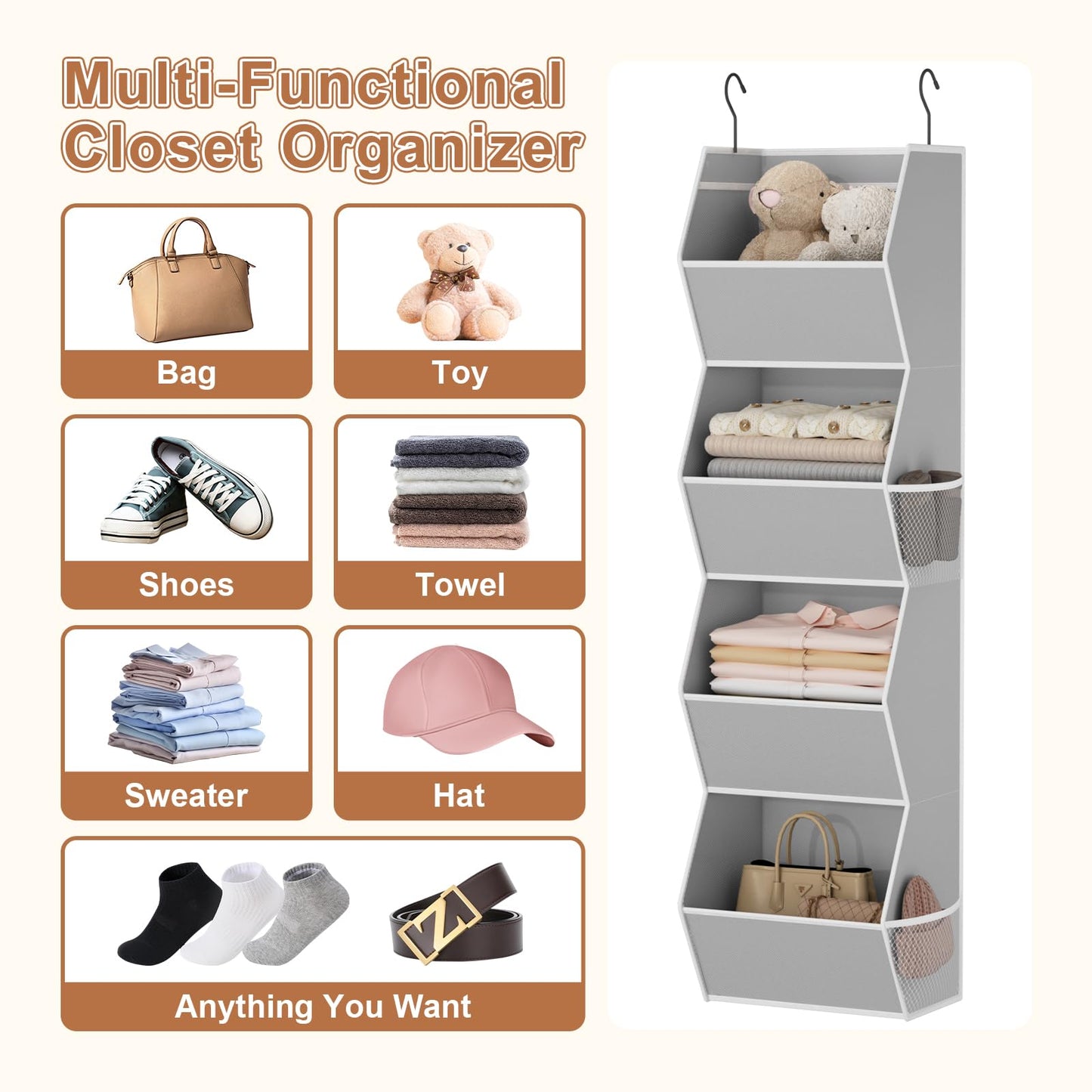 Hanging Closet Organizer 4 Shelf Collapsible Bedroom Closet Organizers and Storage Hanging with Mesh Pockets for Clothes, Fabric Hanging Storage Bins for Wardrobe Closet Organization and Storage, Grey