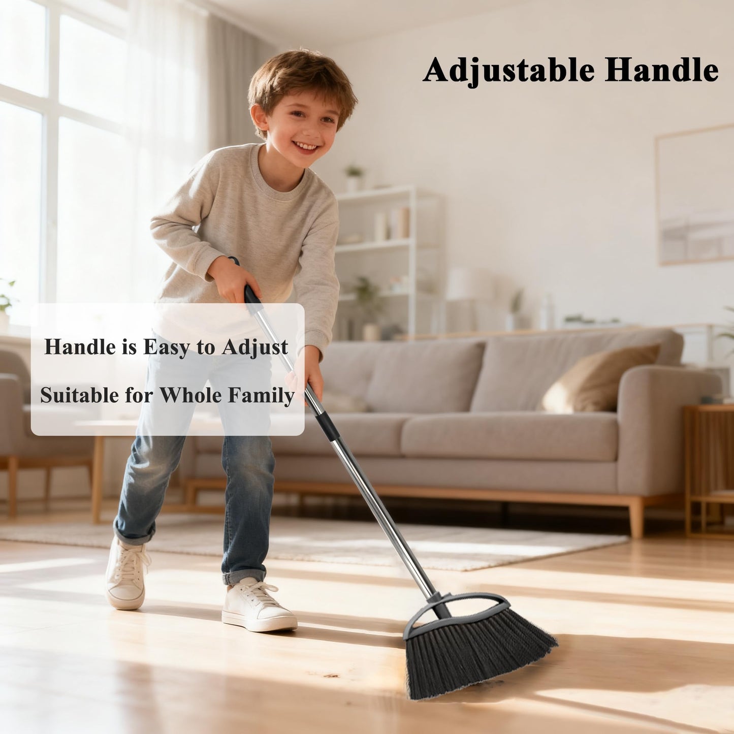 Chanhoo 3 Pack Soft Bristle Angle Broom for Floors - Wide Indoor Heavy Duty Broom with 38"-53.5" Adjustable Handle, Kitchen & Restaurant Use for Hardwood, Porch (Gray, Yellow, Green)
