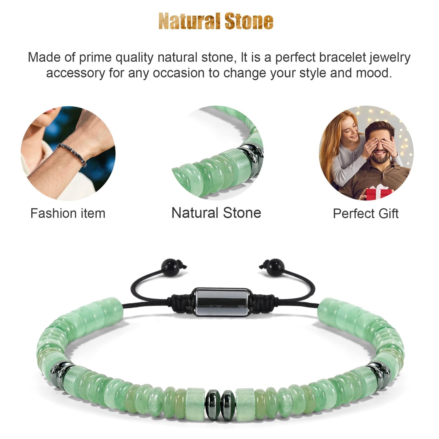 VIBILIA Healing Crystal Bracelets Beaded Bracelets for Men Women Green Aventurine Natural Stone Adjustable Bracelets Unique Gifts for Father Son Grandfather Brother Friend