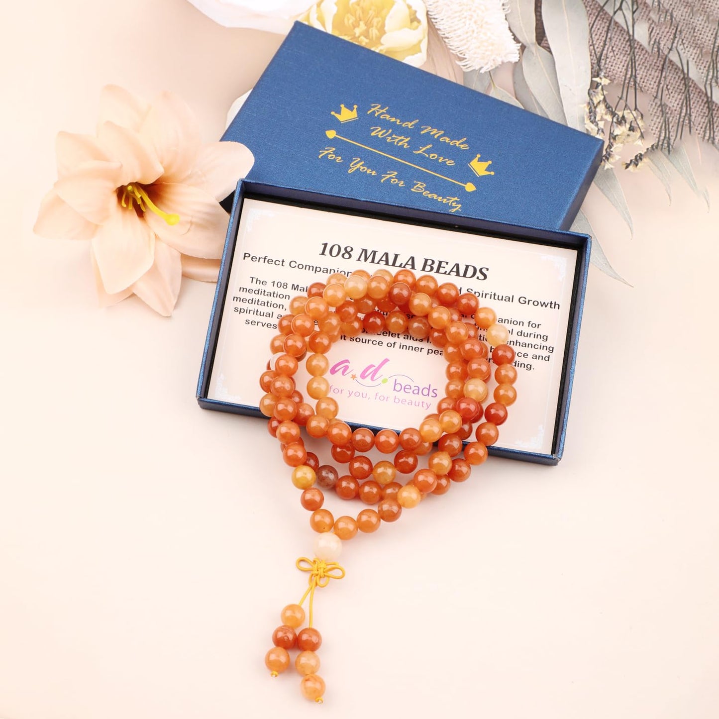 AD Beads 8mm 108 Prayer Mala Yellow Aventurine Elastic Bracelet - Optimism - Handmade Yoga Meditation Healing Power Energy Gifts for Unisex Adult.