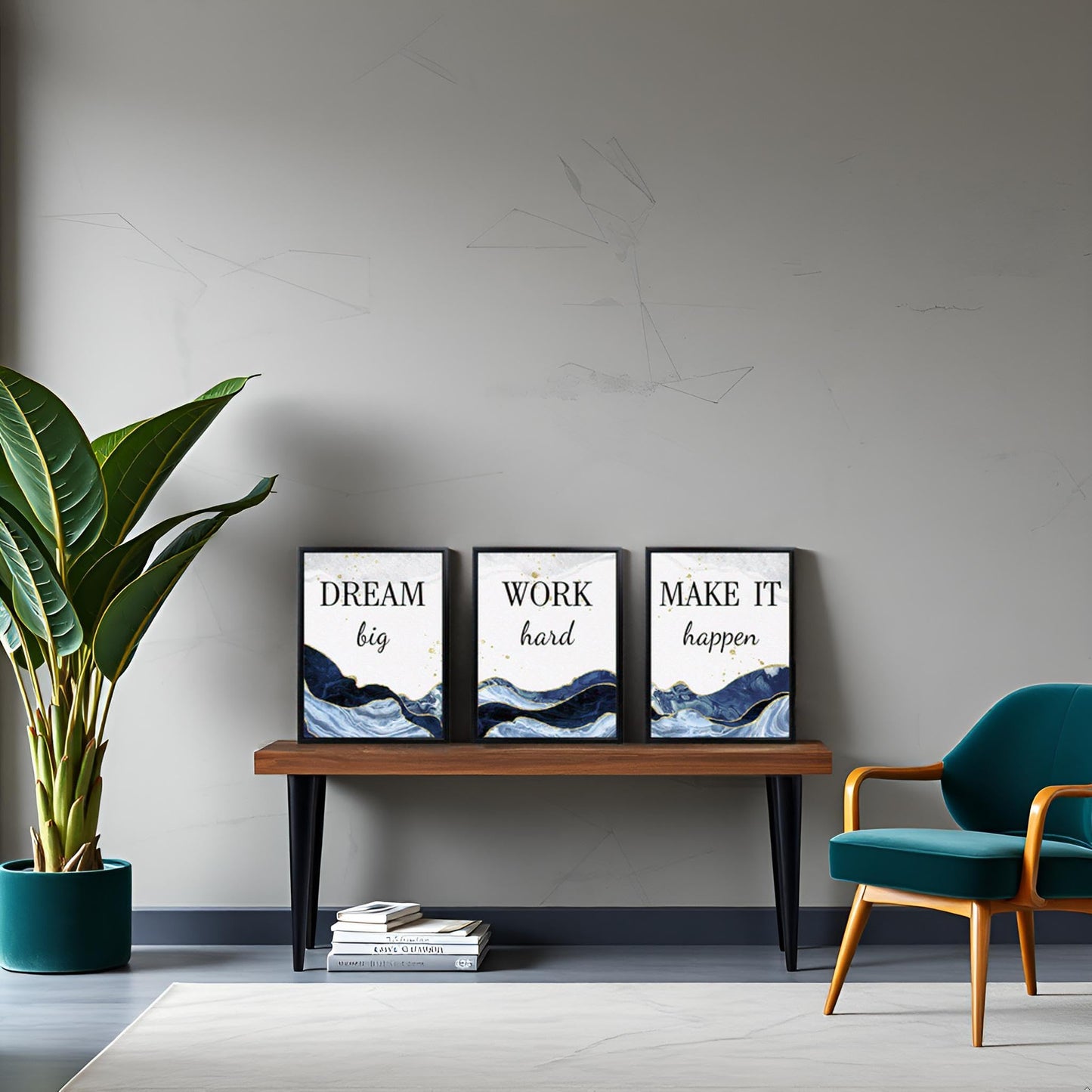 LevvArts Motivational Office Decor Dream Big Work Hard Make It Happen Inspirational Quotes Wall Art Prints Blue and Gold Artwork (Blue)