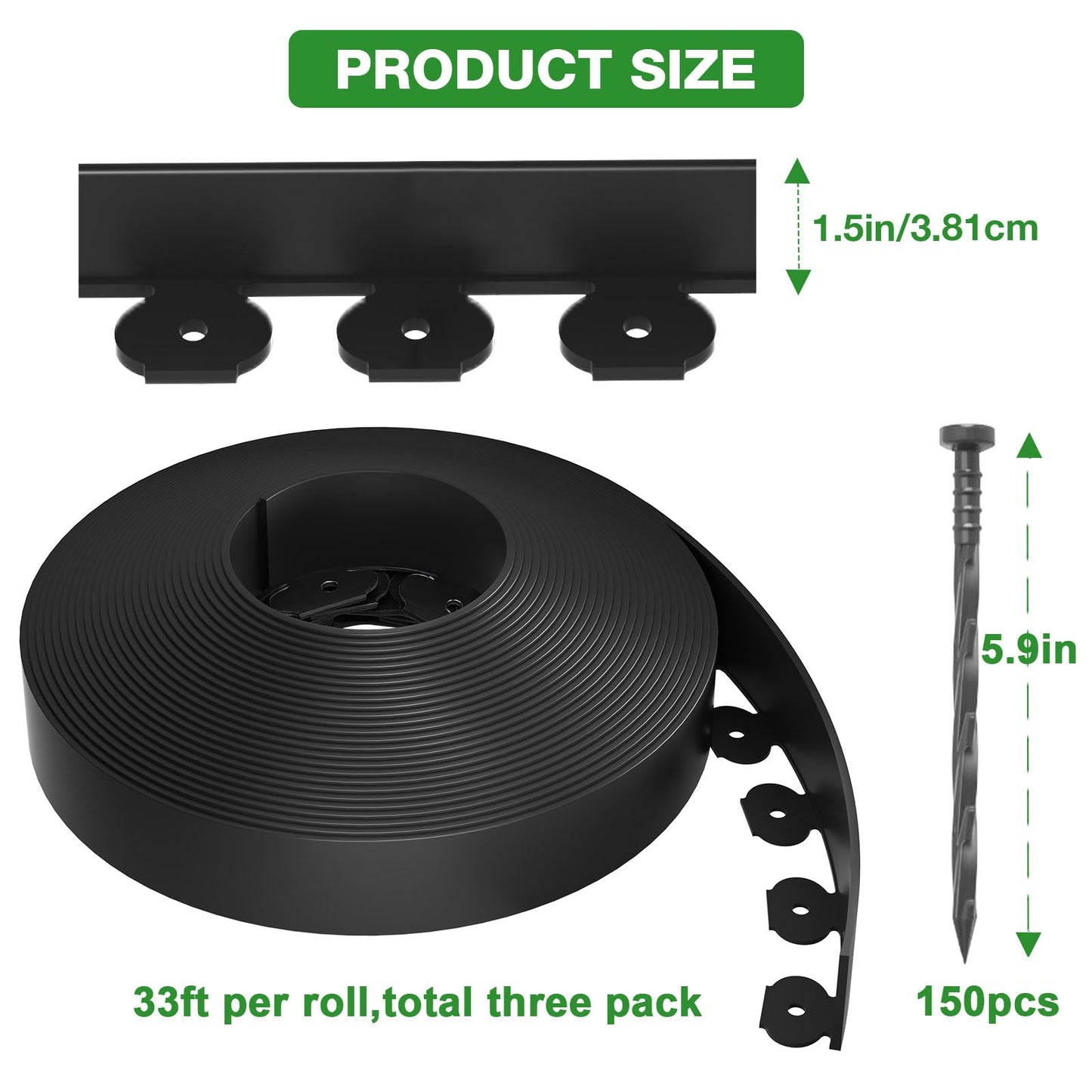 100ft,1.5in Tall Landscape Edging Kit with 150 Spikes, Not Digging Flexible Plastic Edge Border for Landscaping, Lawn, Garden, Flower Beds, Yard, Paver, Playground, Fence, Pathway,3pack, 33ft Each