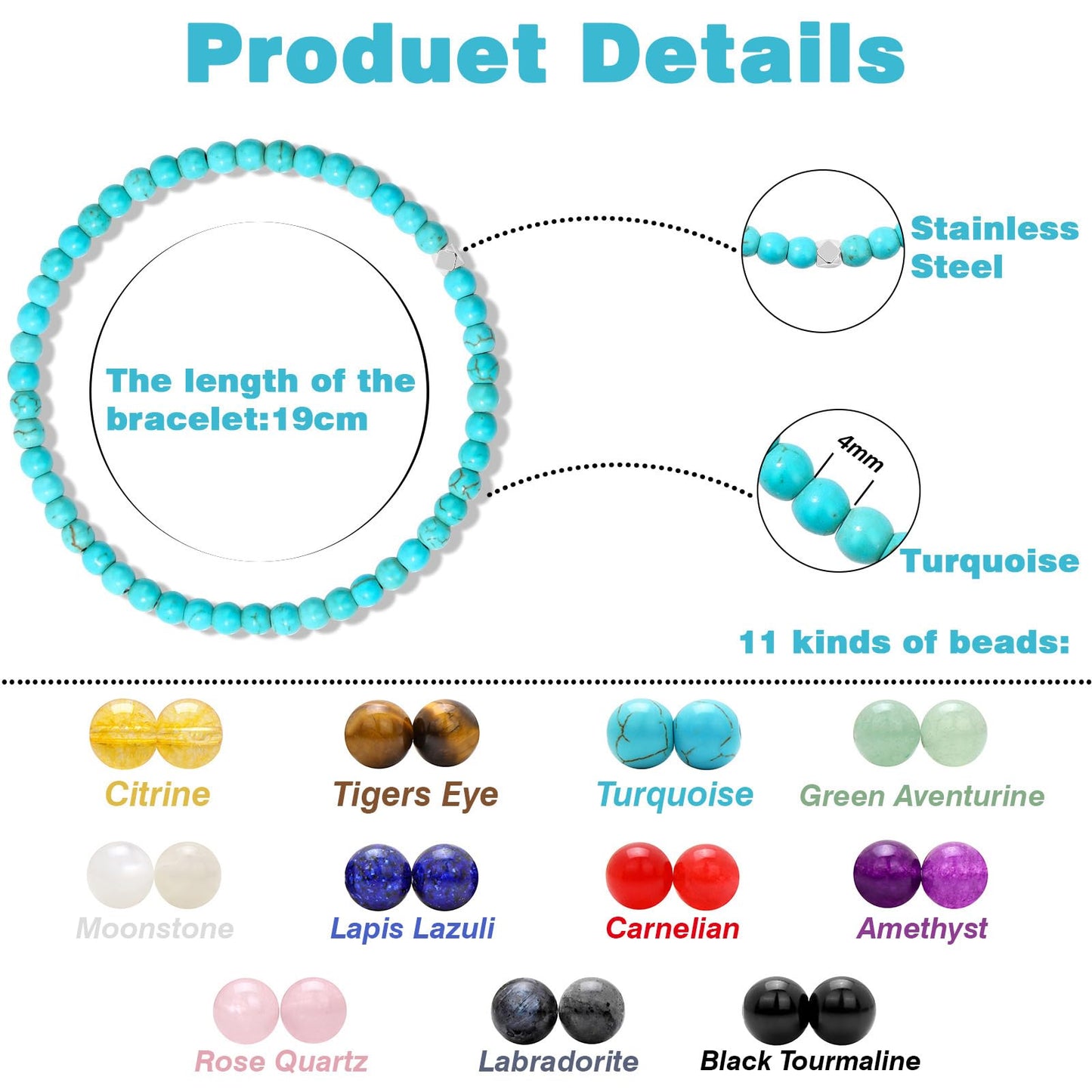 Raicegs 4MM Turquoise Beaded Bracelets Healing Crystal Bracelet for Women Men Natural Stone Handmade Stretch Bracelet Reiki Spiritual Jewelry