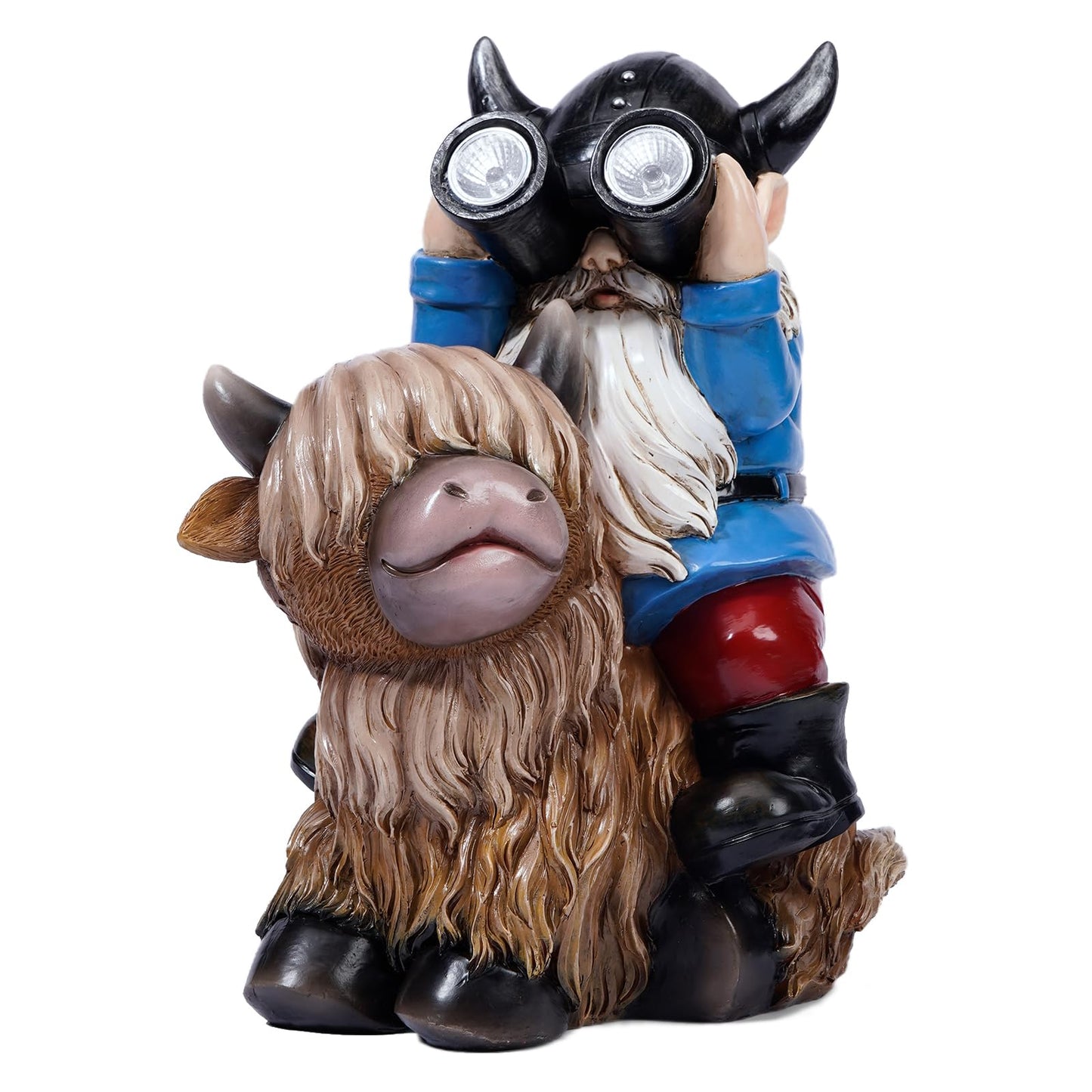 Joint Honglin Garden Gnome Statues Resin Gnome Sitting on Highland Cow Solar LED Lights Outdoor Telescope Gnome Decorations
