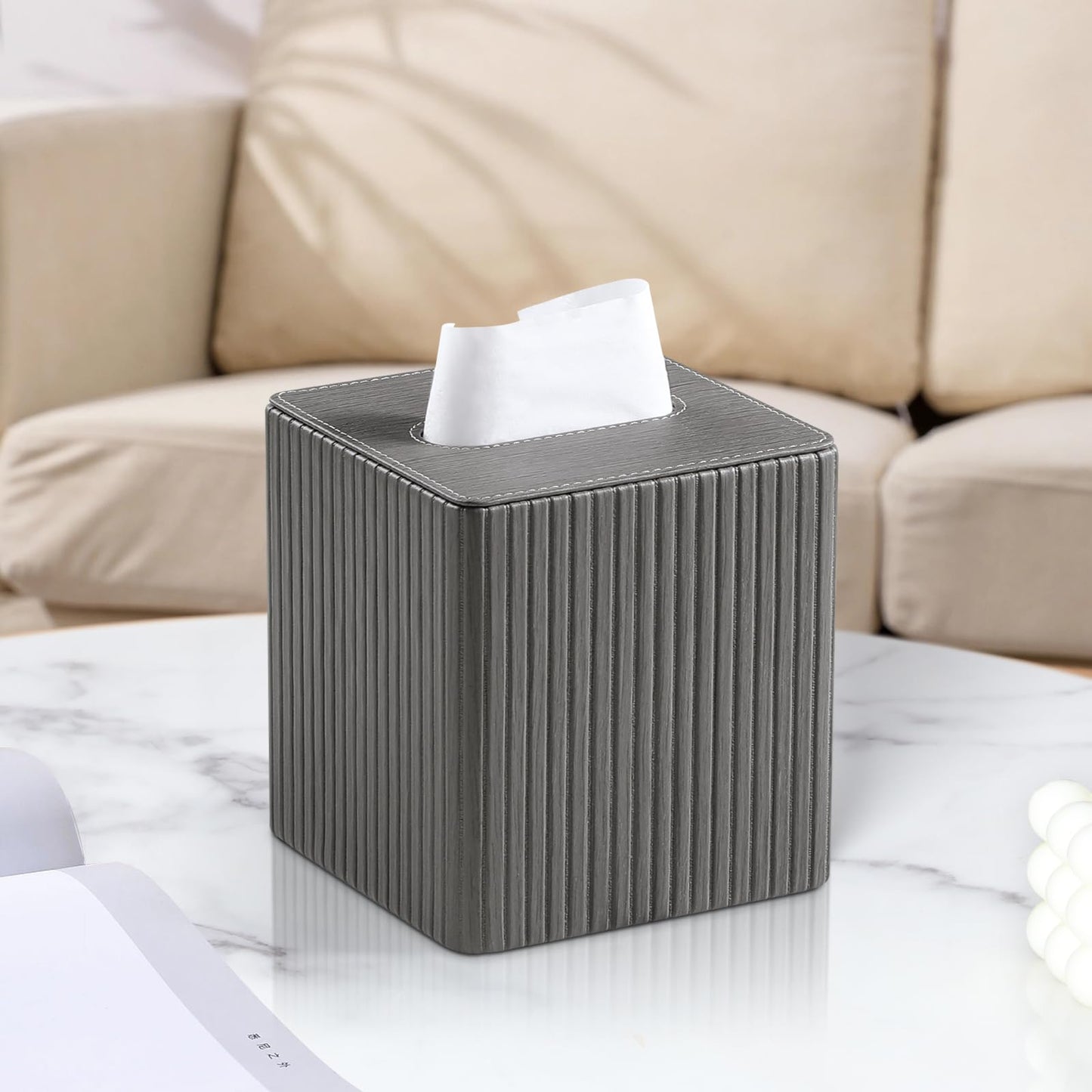 MEIBOOCH PU Leather Tissue Box Cover Square Tissue Box Holder with Magnetic Closure (Slate Grey)