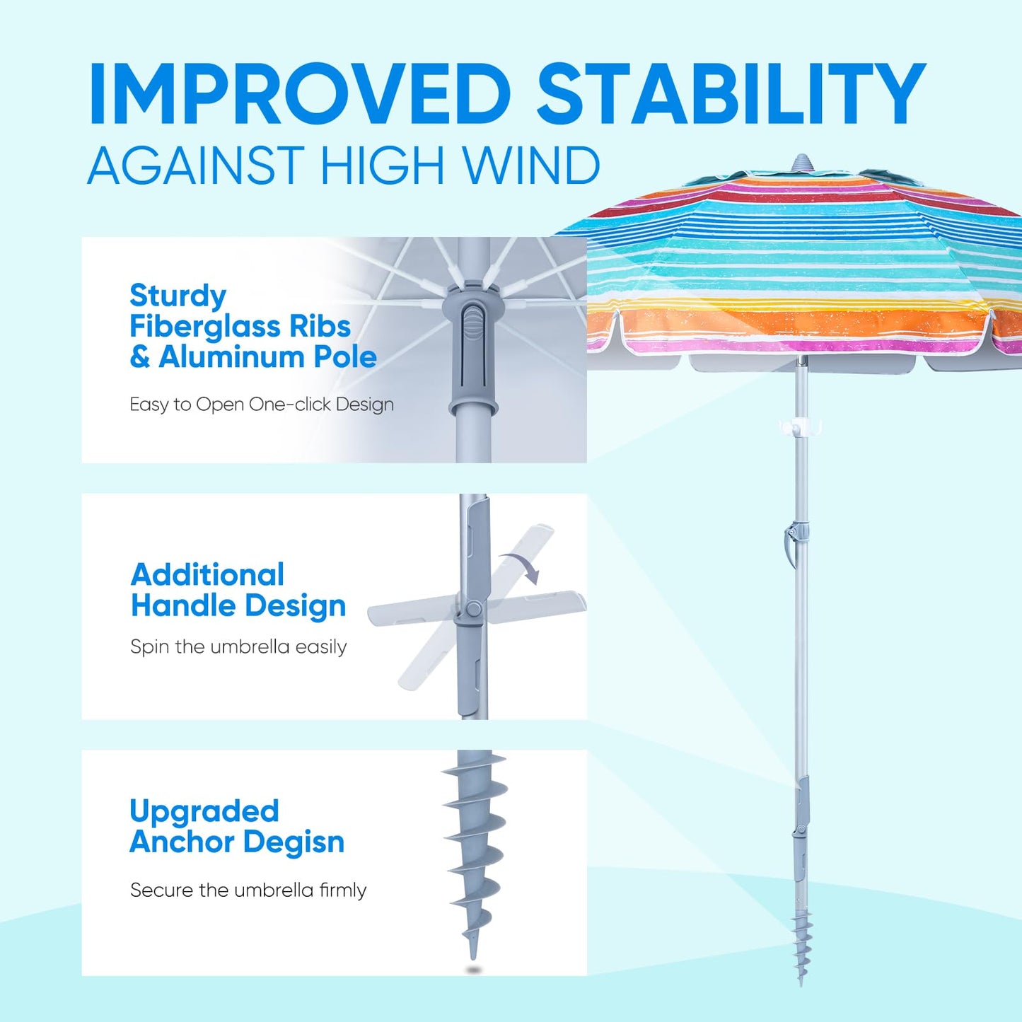 Tempera Heavy Duty High Wind Beach Umbrella with Sand Anchor & Carry Bag|Patio Outdoor Umbrella with Aluminum Frame and Push Button Tilt, Ideal for Travel Garden Lawn, UPF 60+,Stripes