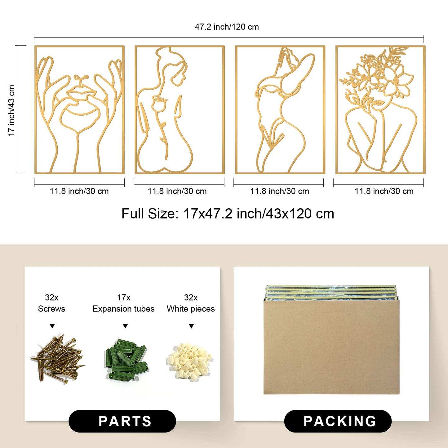 Glamativity 4 Pack Gold Wall Art Decor, Minimalist Single Line Real Metal Wall Art, Woman's Body Shape Abstract Wall Art (Gold Classic Style, 17 x 11.8'')