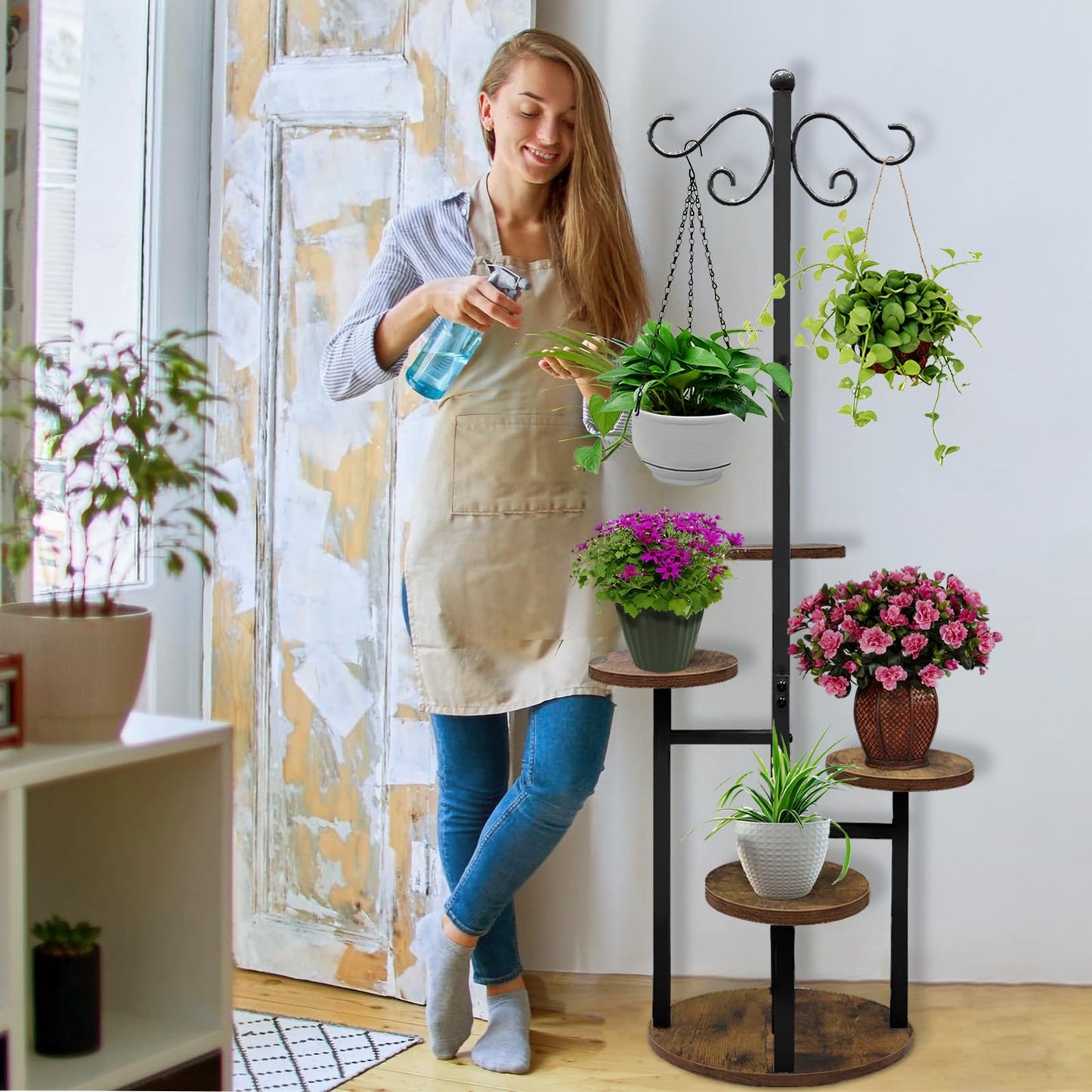 Plant Stand Indoor Outdoor, 4 Tier Hanging Plant Stands, Multiple Plant Display Rack Flower Pot Stand,61'' Tall Metal Plant Holder for Living Room Balcony Garden Patio Black