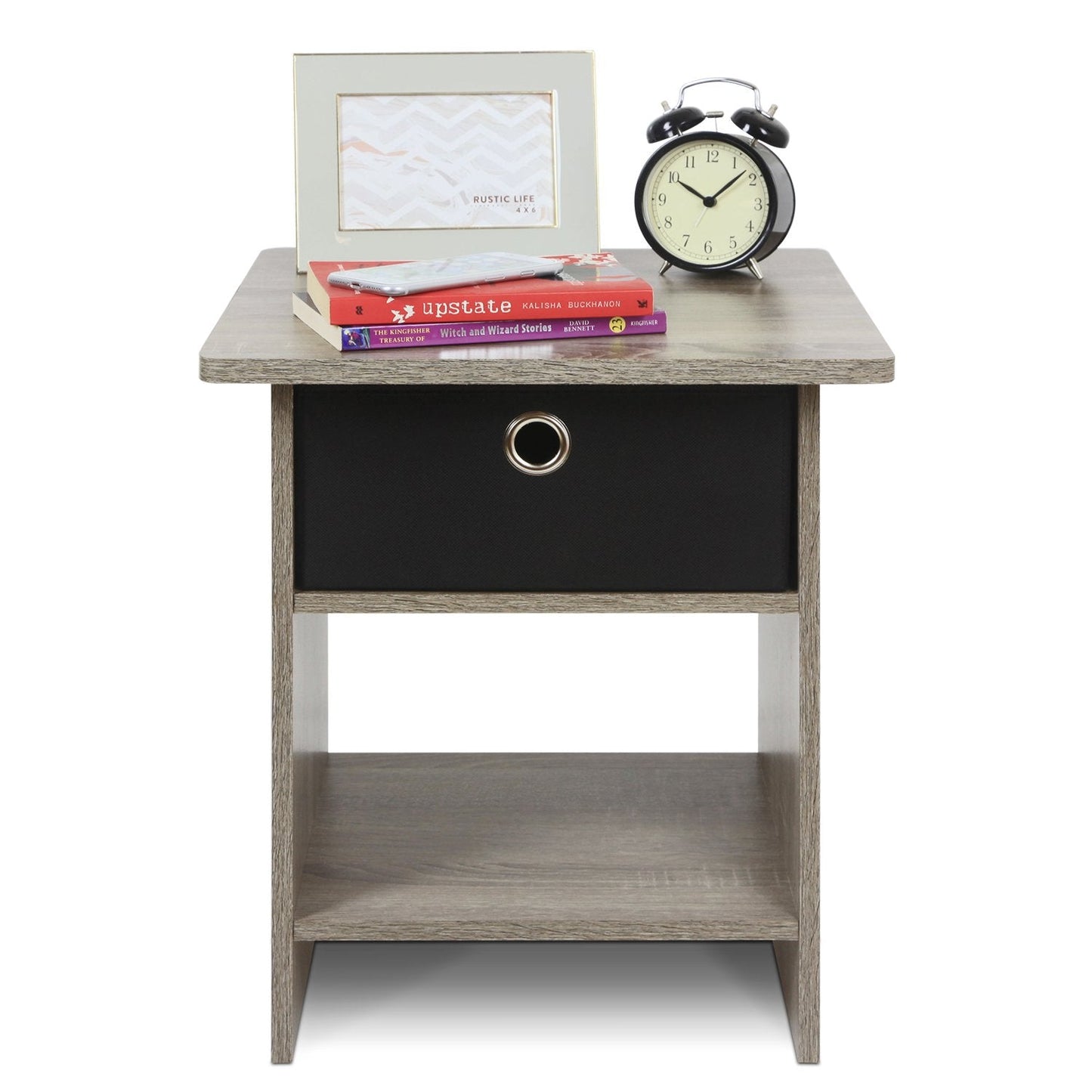 Furinno Dario End Table / Side Table / Night Stand / Bedside Table with Bin Drawer, 1-Pack, French Oak Grey/Black