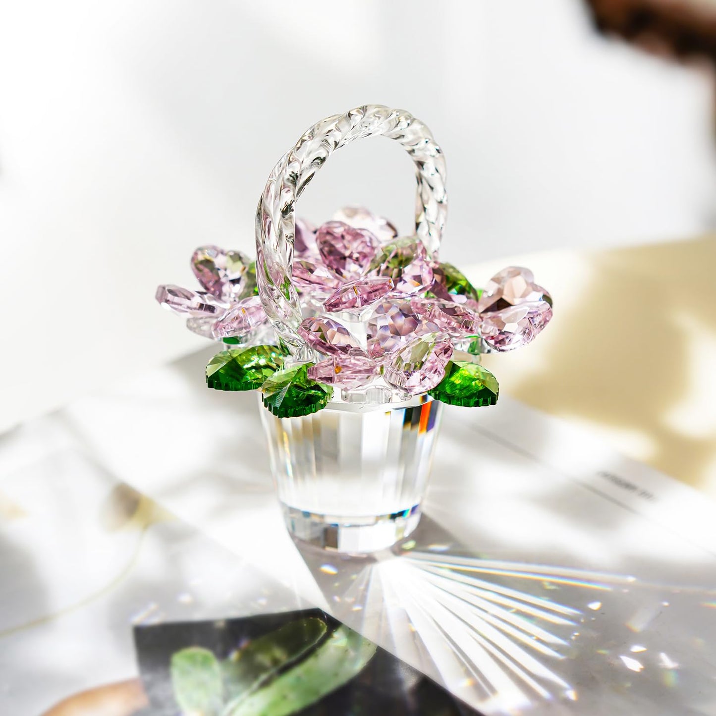 H&D HYALINE & DORA Crystal Pink Flower Basket Figurine,Crystal Gifts for Women, Glass Flower Collectible Figurines for Home Wedding Christmas Decor(with 5 Flowers)