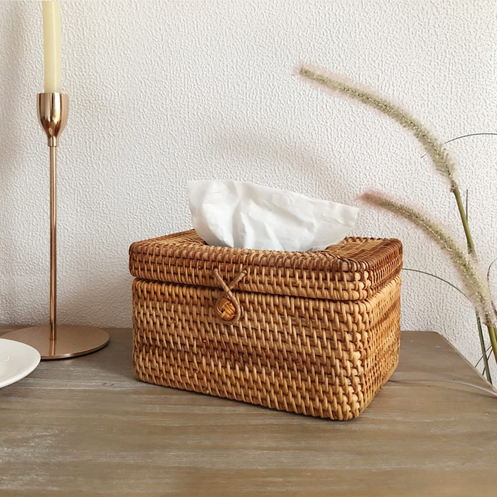 5 Inch Tall Rattan Tissue Box Cover Rectangular with Hinged Top Lid and Bead, Boho Woven Facial Napkin Holder, Decorative Napkin Dispenser Holder Organizer for Dresser Bathroom Décor, Brown