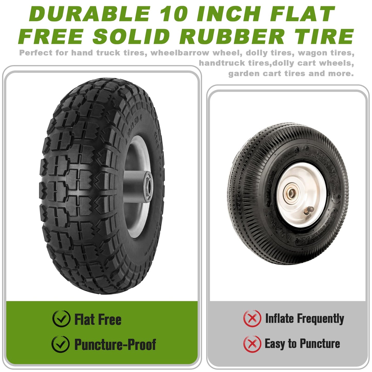 4 Pcs 4.10/3.50-4" Tire and Wheel Flat Free, 10 Inch Solid Rubber Tires with 5/8" Axle Bore Hole, 2.2" Offset Hub for Hand Truck, Wheelbarrow, Gorilla Cart, Garden Wagon Cart, Dolly, Utility Cart