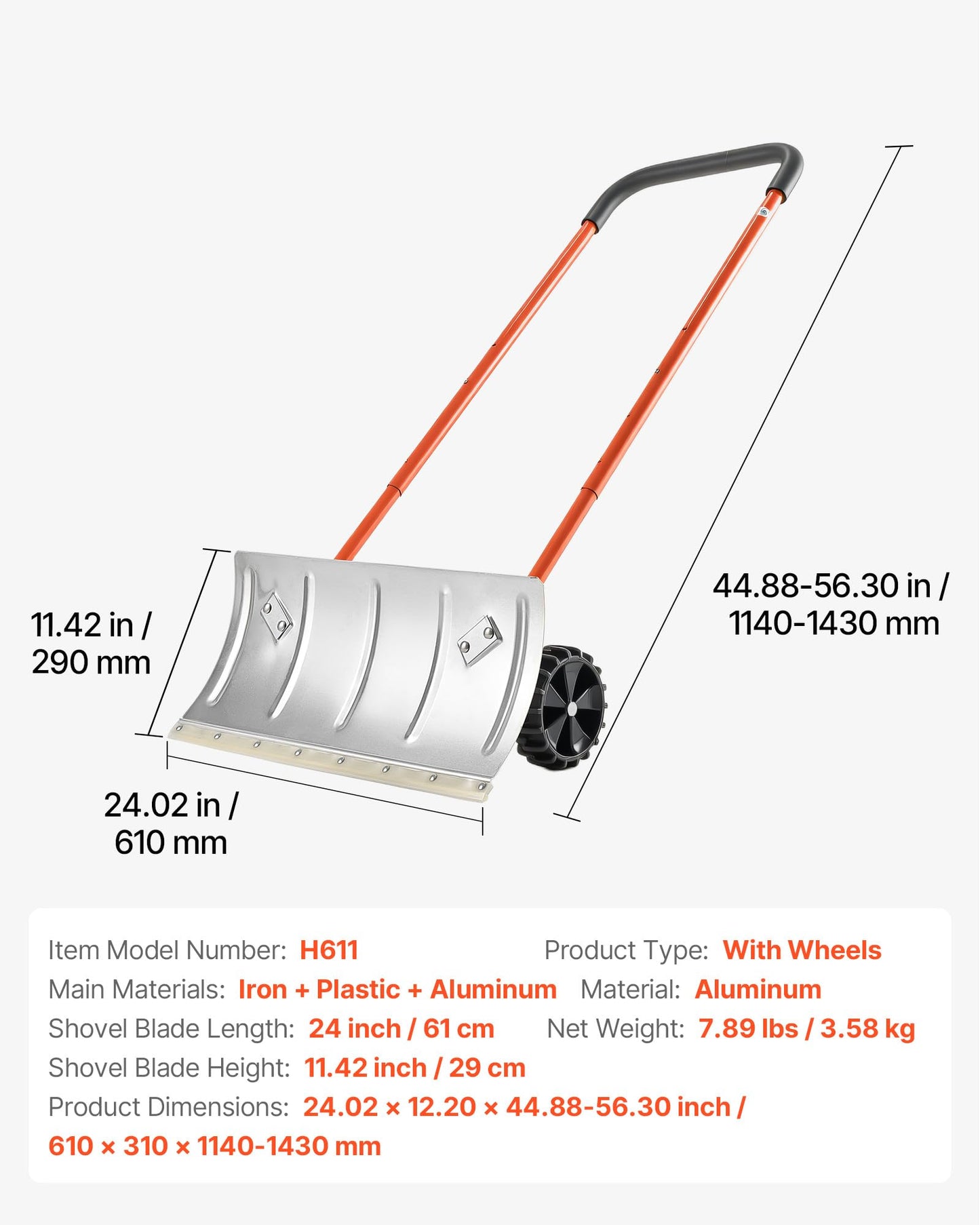 VEVOR 24 inch Snow Pusher Shovel with Wheels, Metal Heavy Duty Wheeled Push Snow Shovels for Driveway