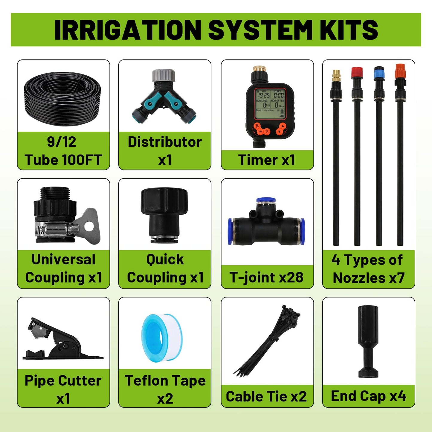 Kekangerly 100FT Drip Irrigation Kit - 28 Adjustable 360° Nozzles & T-Connectors for Garden, Lawn & Plant Watering System