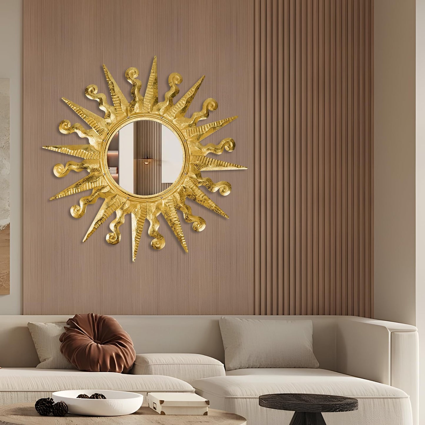 YIWEMON Golden Sun Wall Mirror Decorative 24 inch Metal Frame Mirror Sunburst Boho Mirror for Entryway Bedroom Living Room Bathroom House Warming Gifts New Home Essential