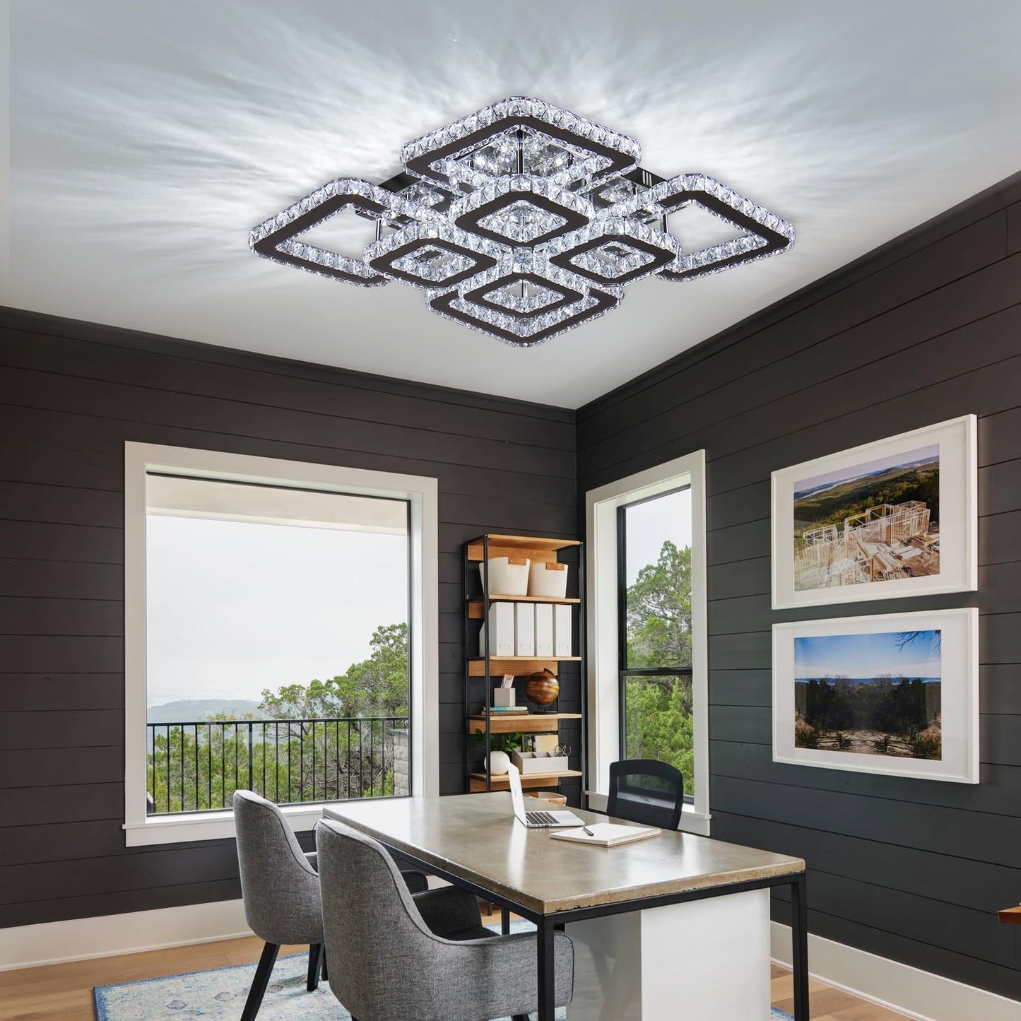 FRIXCHUR 20”Crystal Chandelier Square Led Crystal Flush Mount Ceiling Light 8 Lights Modern Crystal Ceiling Pendant Light Led Crystal Chandelier for Living Room Bedroom Cool White 6500K