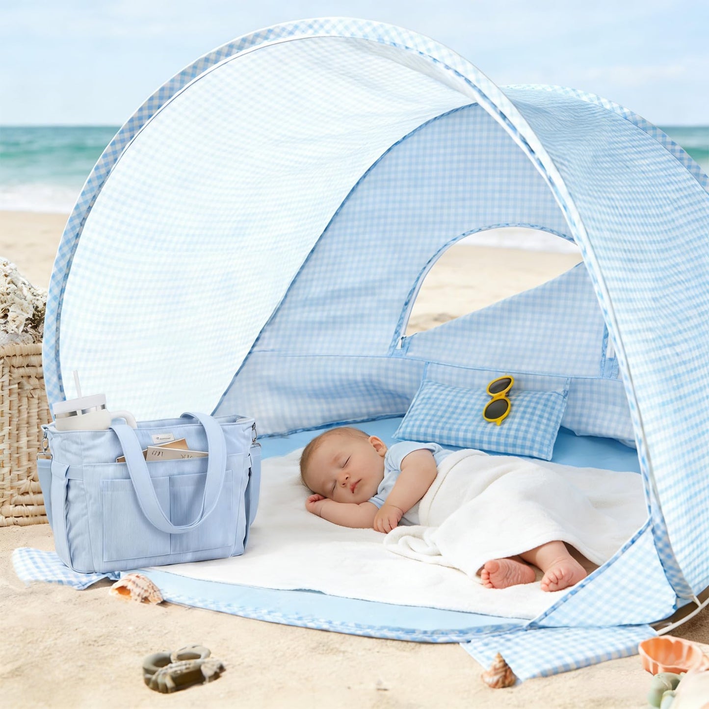 Tiny Land Baby Beach Tent – Pop Up Baby Tent with UV Protection, Portable Baby Beach Essentials, 35.4"x27.6"x31.5" Sun Shelter for Infants, Baby Summer Outdoor Use (Light Blue Gingham)