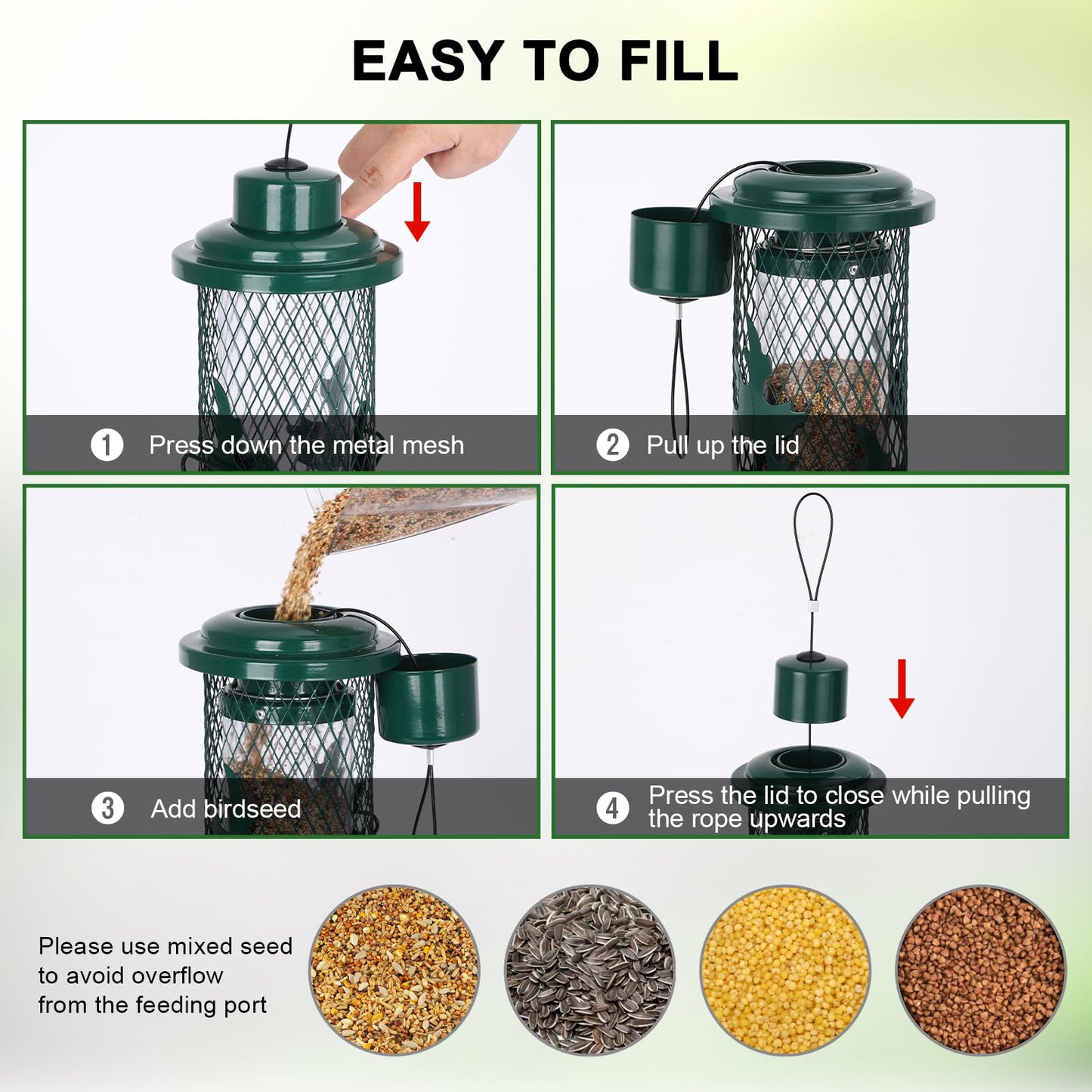 Gbekery Squirrel Proof Bird Feeder for Outdoors Hanging, Metal Mesh Bird Feeder for Outsides with Gravity Protection for Small Birds, Weatherproof and Durable, Green