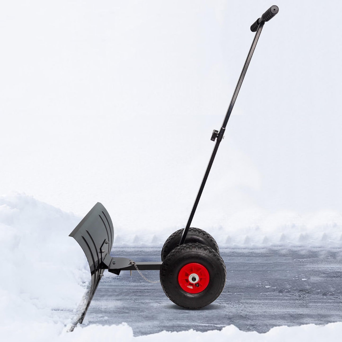Single Rod Snow Shovel for Driveway - Lightweight Metal Snow Pusher with Wheels, 29" Adjustable Blade for One-Handed Snow Removal