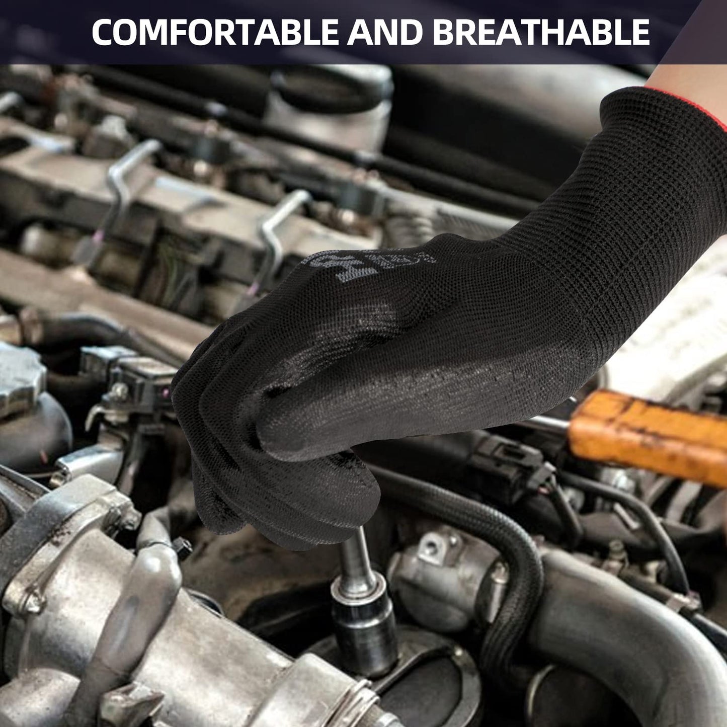 HPHST PU Coated Safety Work Gloves, 12 Pairs, Black, X-Large