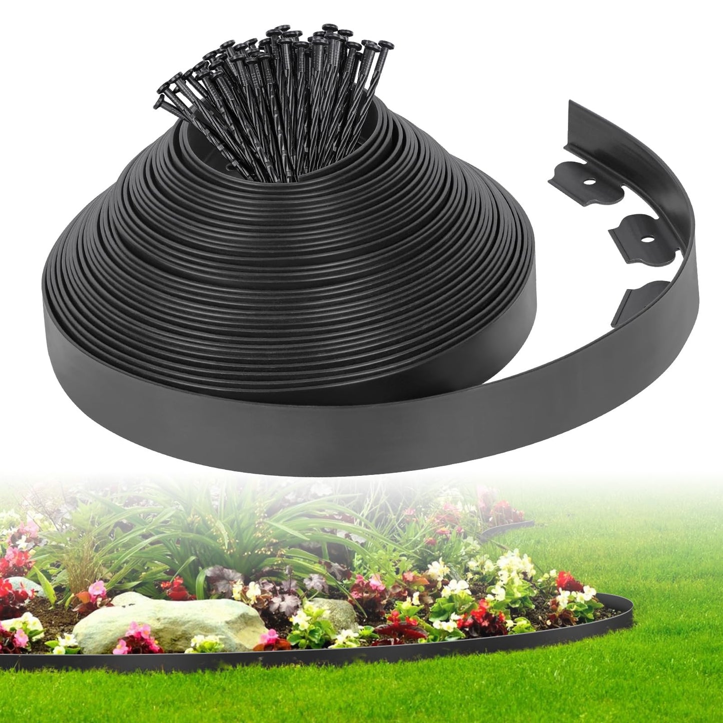 2-Inch x 50 FT Landscape Edging Border with 75 Spikes, Garden Edging Border Lawn Edging Border, Plastic Edging Border Flexible for Garden Flower Beds Lawn Yard Paver Pathway (Black)