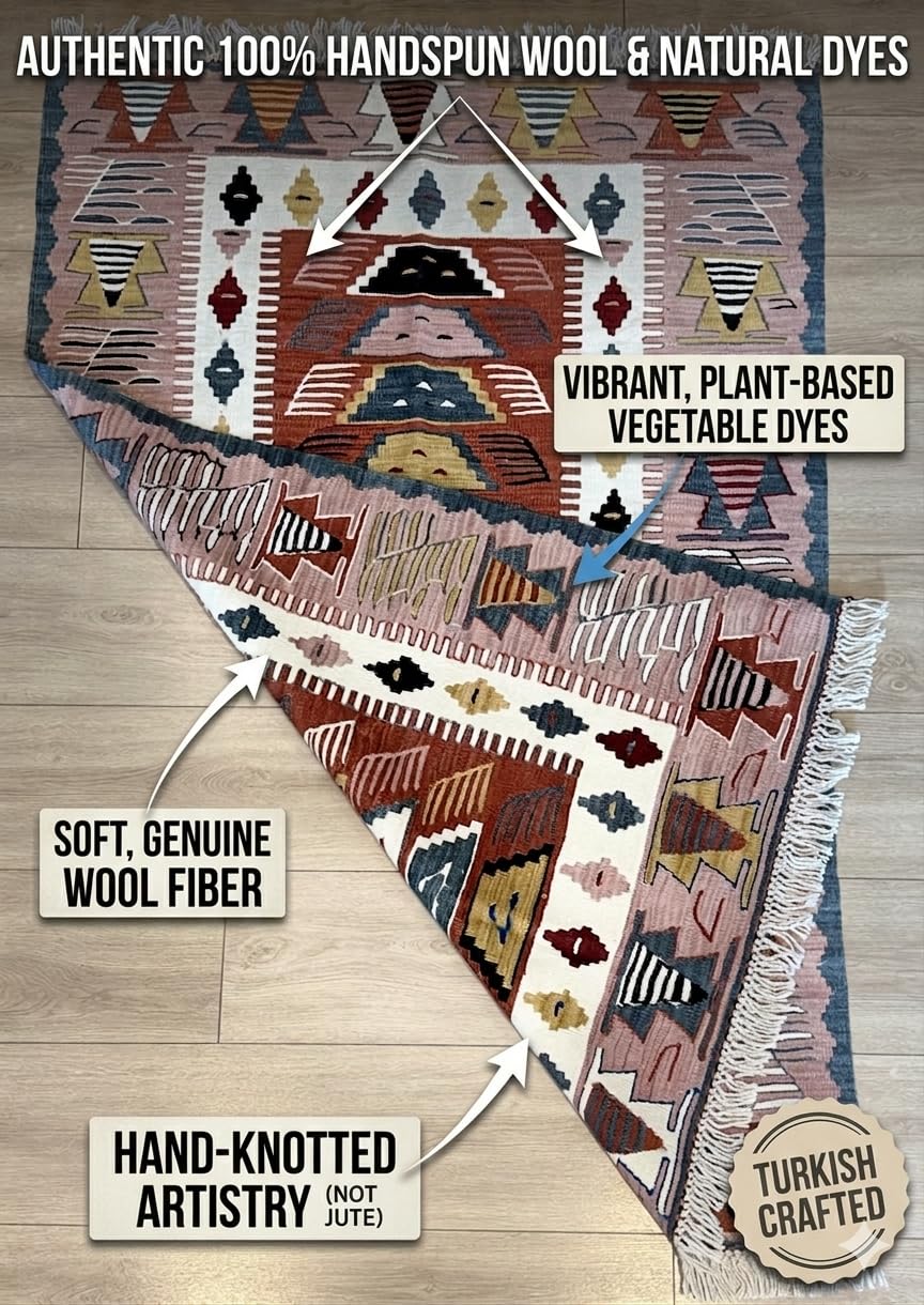 Handmade Turkish Area Rug(YORUK Kilim) - 100% Wool - 2.5x4 ft (31x48 in) Small Area Rug - Muted Earthy Tones, Traditional Geometric Pattern, Boho Decor for Bedroom, Entryway, Office