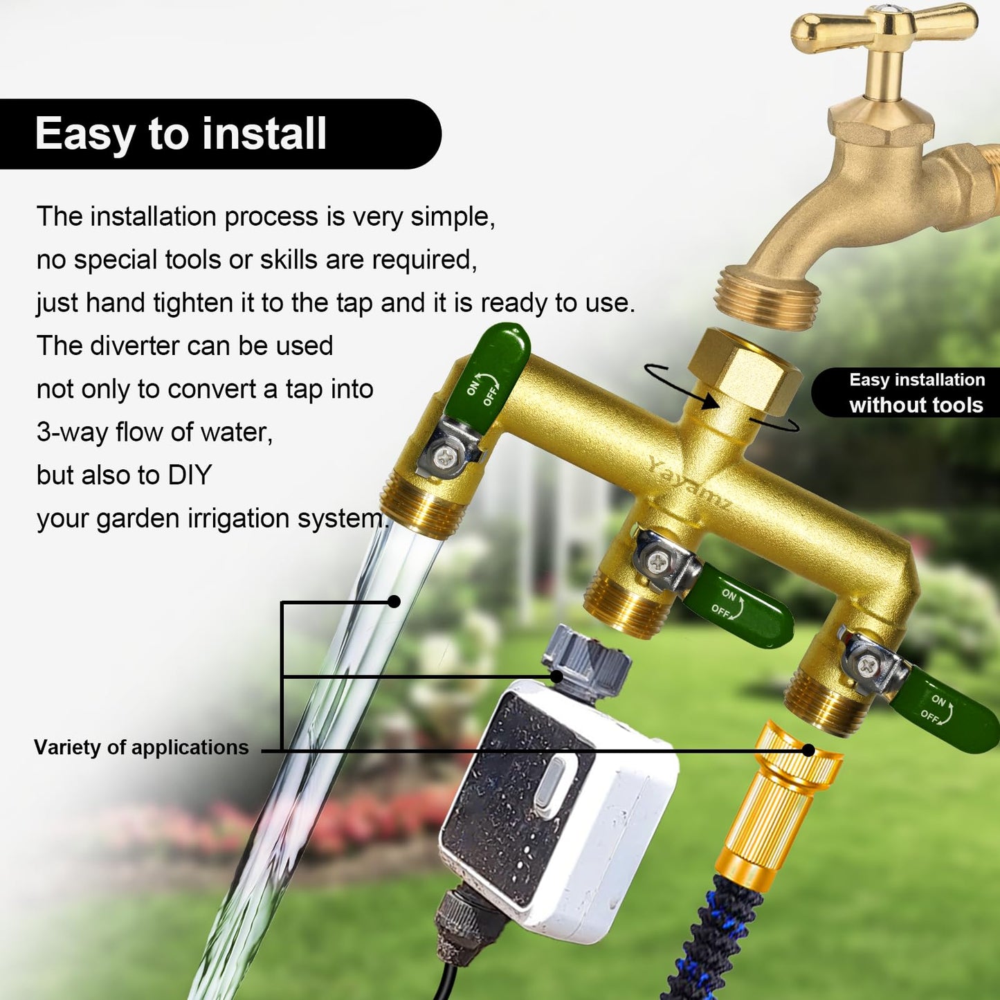 Yayamz Heavy-Duty Brass Garden Hose Divider - 3/4-inch GHT Threaded Tee with Shut-Off Valve, Water Flow Divider for High-Pressure and High-Flow Faucet Adapter, Metal Handle with Green Rubber