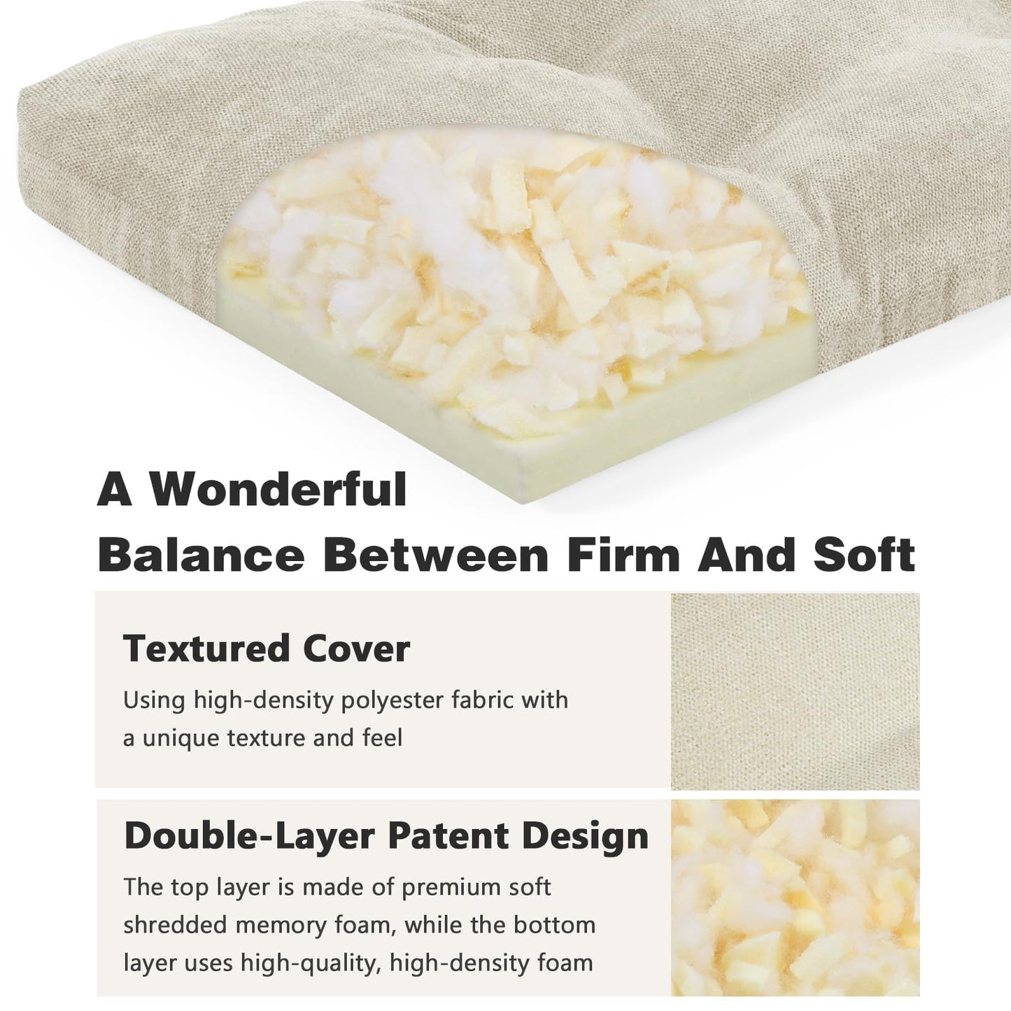 baibu 36 Inch Memory Foam Bench Cushion, Dual-Layer Patent Design Non-Slip Indoor Bench Cushion with Ties, 36x15x3Inch, Beige