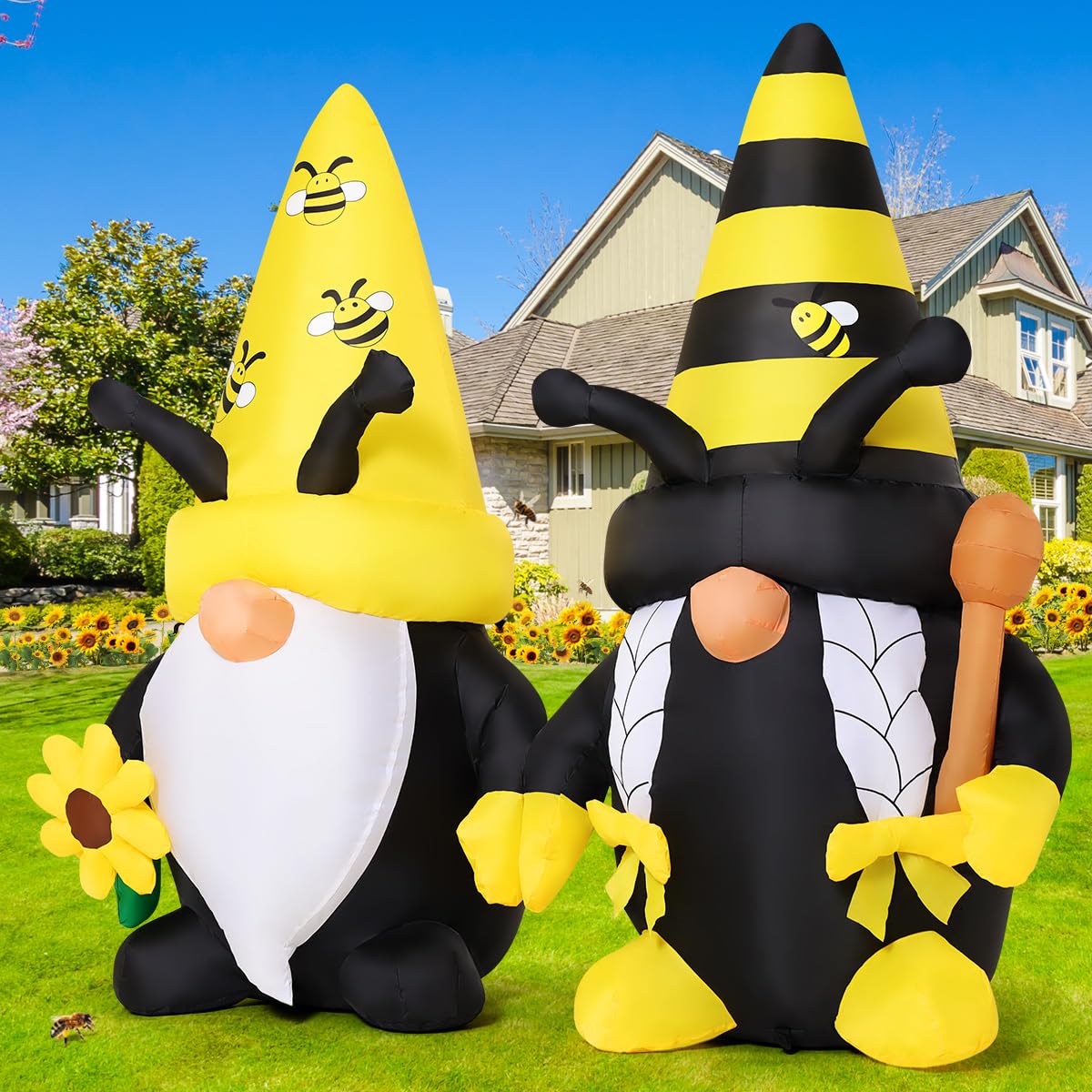 GOOSH 6 FT Long Spring Inflatables Gnomes Decorations Blow Up Yard with Bees and Sunflower Built-in LEDs for Garden Lawn Indoor Party Decor