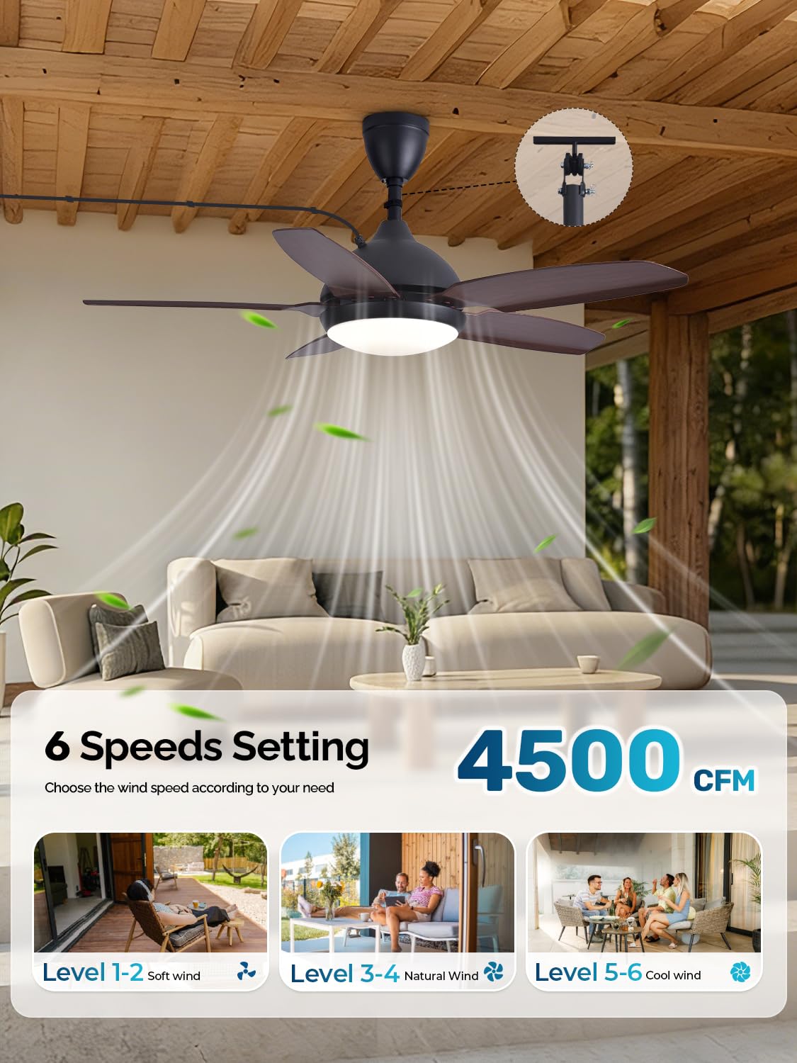Orison 42" Plug-in Outdoor Ceiling Fan with Light, 5-Blade Hanging Patio Fan for Gazebo Porch, IP44 Waterproof, Quiet DC Motor, 6-Speed, App & Remote Control, Dimmable LED, Reversible, Wood