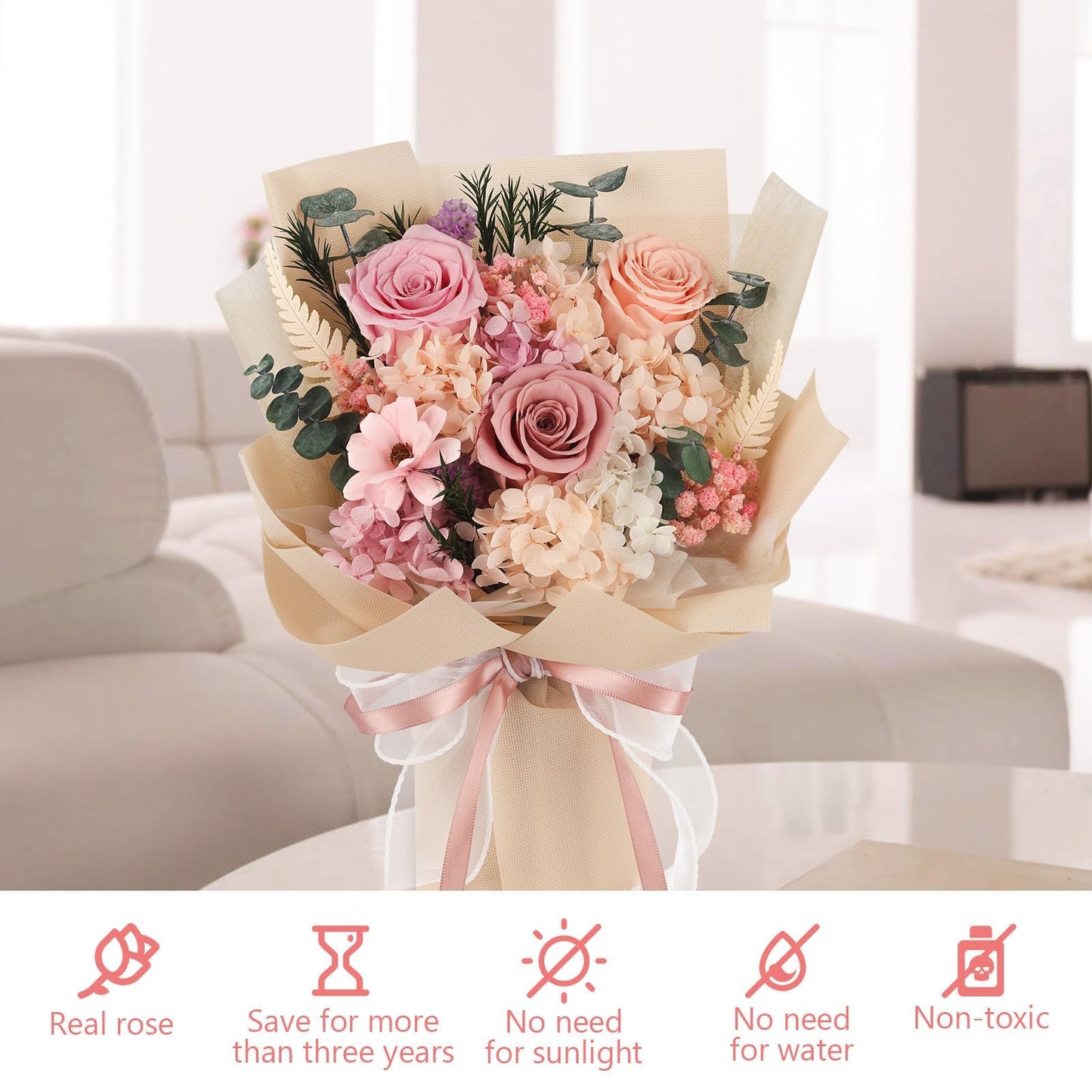 Flowers for Delivery Prime Preserved Flowers Bouquet That Last 3-5 Years Real Forever Roses Bouquet for Mom Mother Women Wife Girlfriend Anniversary Birthday Valentines Day Gifts for Her(Pink)