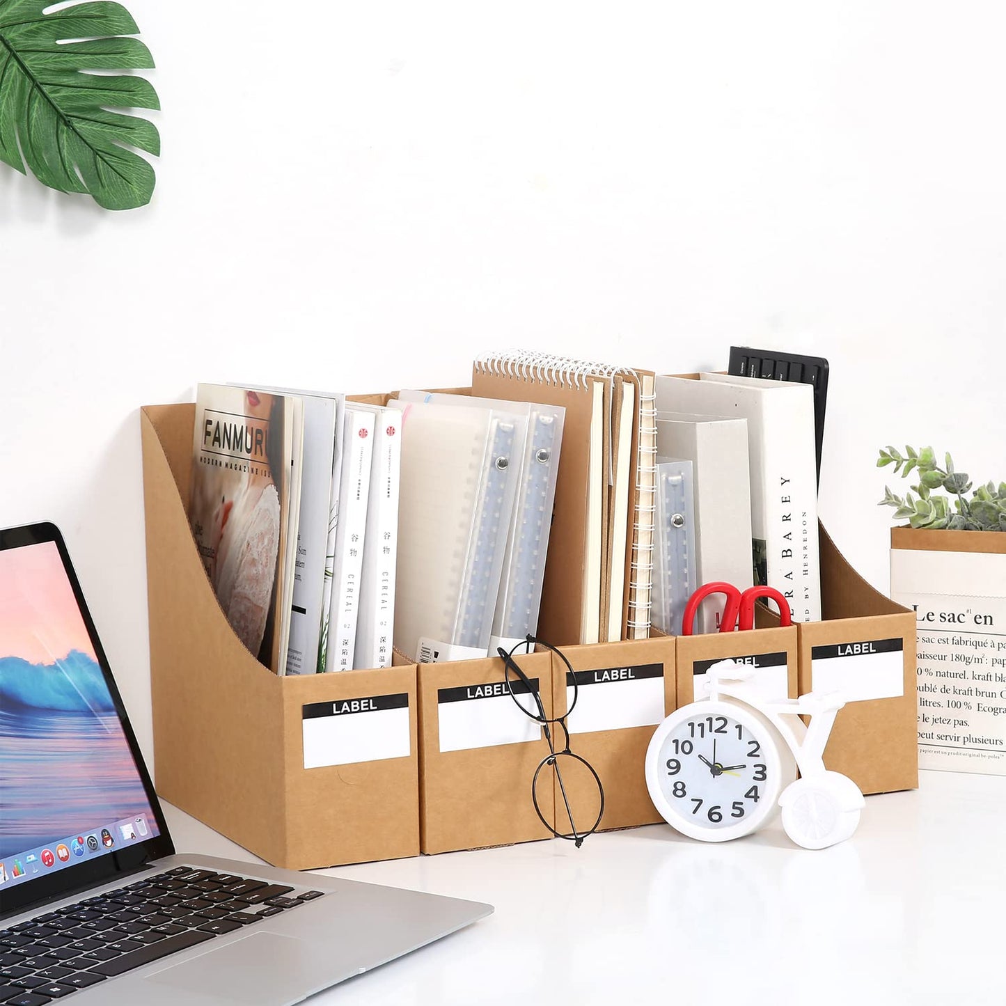Fiyerna Foldable Desk File Holder Organizer Sturdy Cardboard Magazine Storage Box Document Rack with Blank Label Stickers for Home School Office (15, Brown)