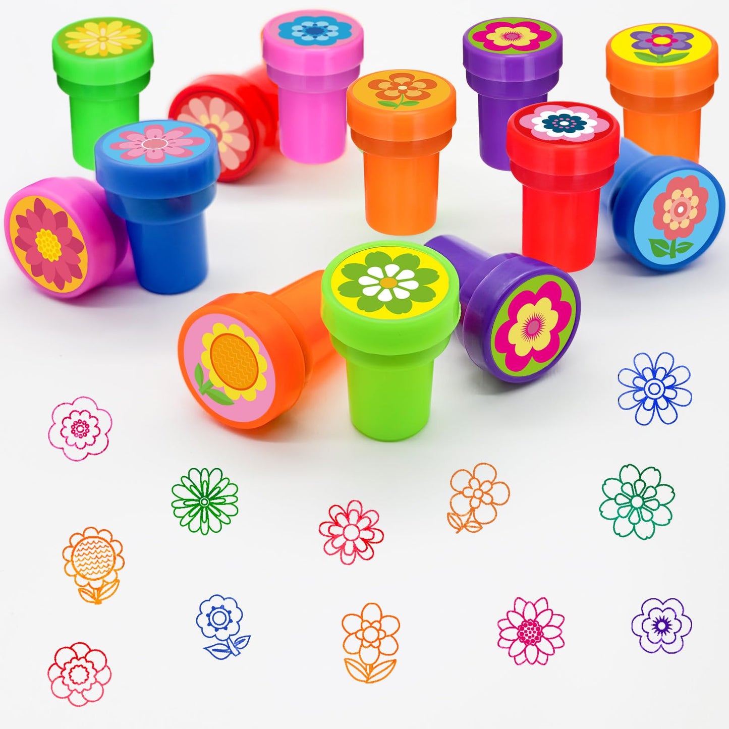 Cinrobiye 24 PCS Flower Party Stampers，Spring Daisy Birthday Favors for Girls Boys, Groovy Floral Party Supplies, Classroom Rewards, Goodie Bag & Pinata Fillers, Carnival Prizes