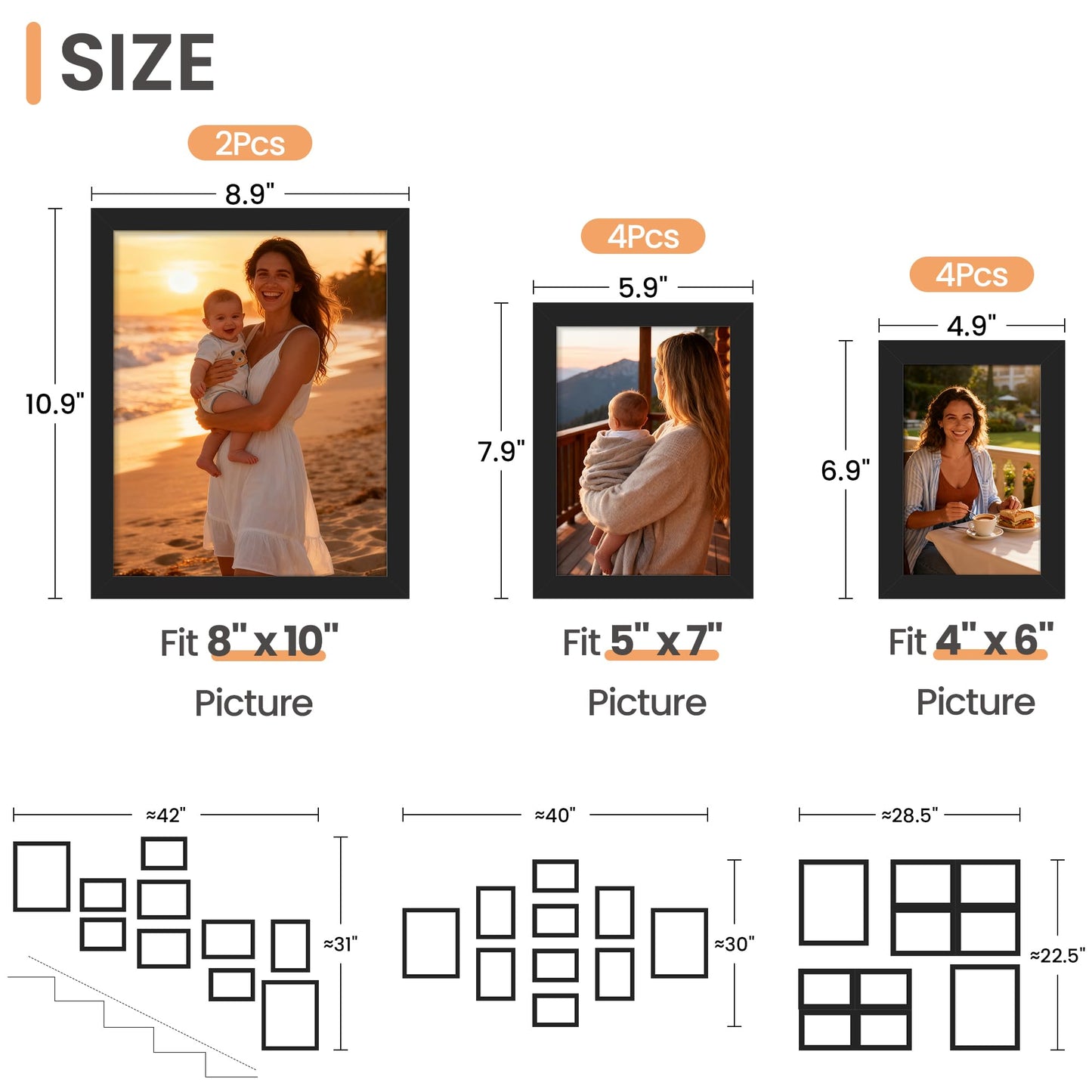 upsimples 10 Pack Picture Frames Collage Wall Decor for Mounting or Tabletop Display, Photo Gallery Frame Set for Family, Multi Sizes Including 8x10, 5x7, 4x6, Black