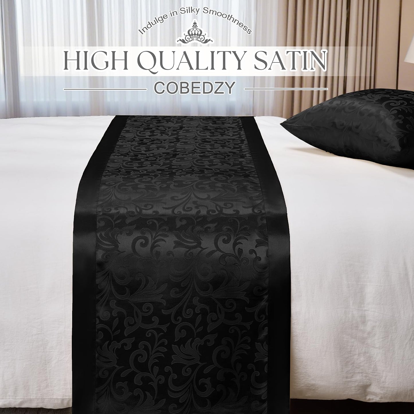 Cobedzy Black Satin Bed Runner for King Size Beds(1.8m), 50 x 240cm(20" x 94") Jacquard Bed Scarf Satin Bedding Scarves for Hotel, Home, Guesthouse