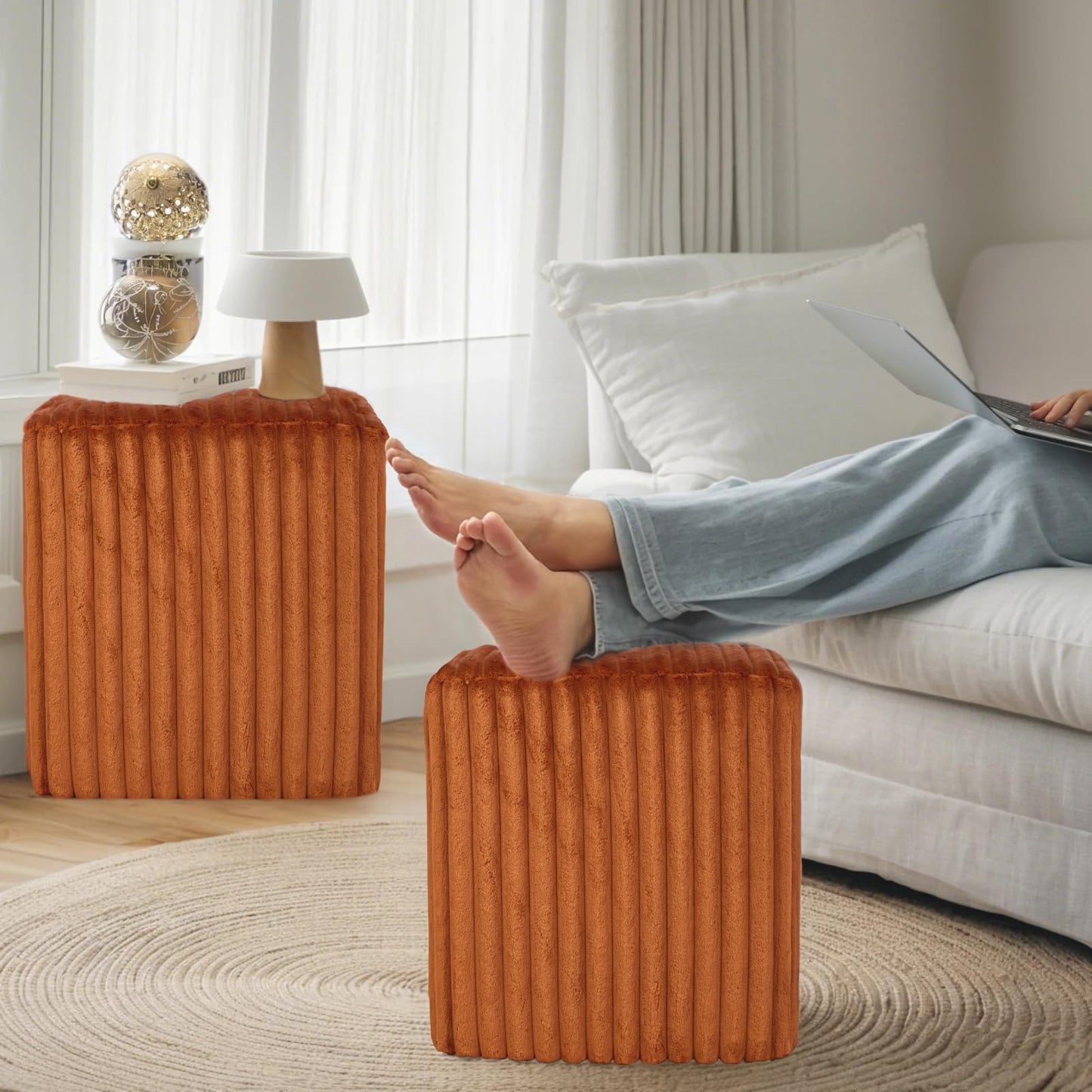 YDcosyfy Modern Square Ottoman, Vertical Channel Tufted Foot Stool Ottoman, Velvet Upholstered Vanity Stool for Makeup, Bedroom, Living Room, Dark Orange